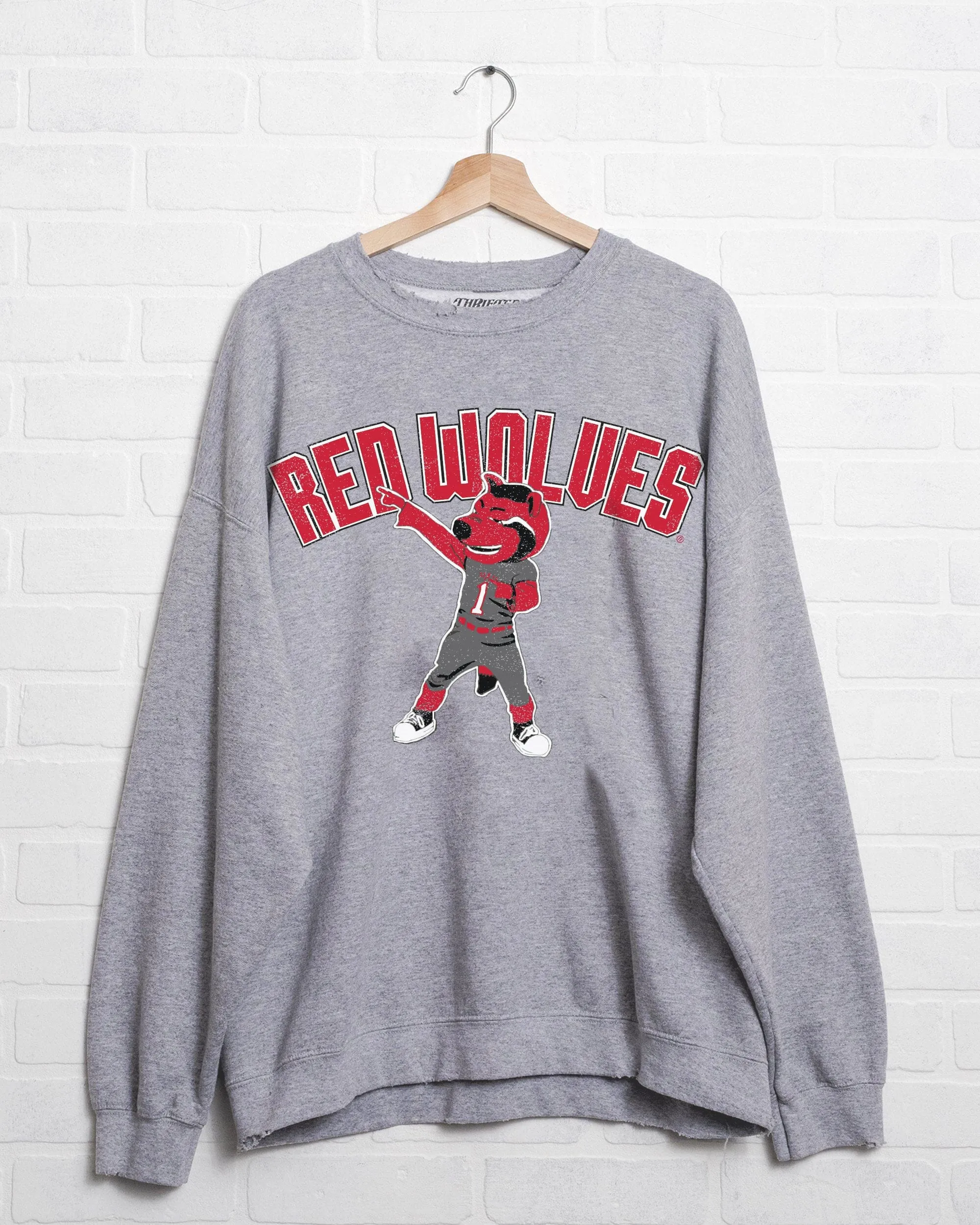 ASU Red Wolves Cartoon Mascot Puff Ink Gray Thrifted Sweatshirt