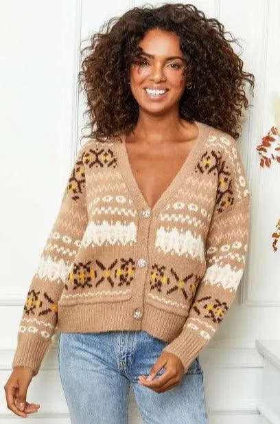 Aztec Print Cardigan in Camel