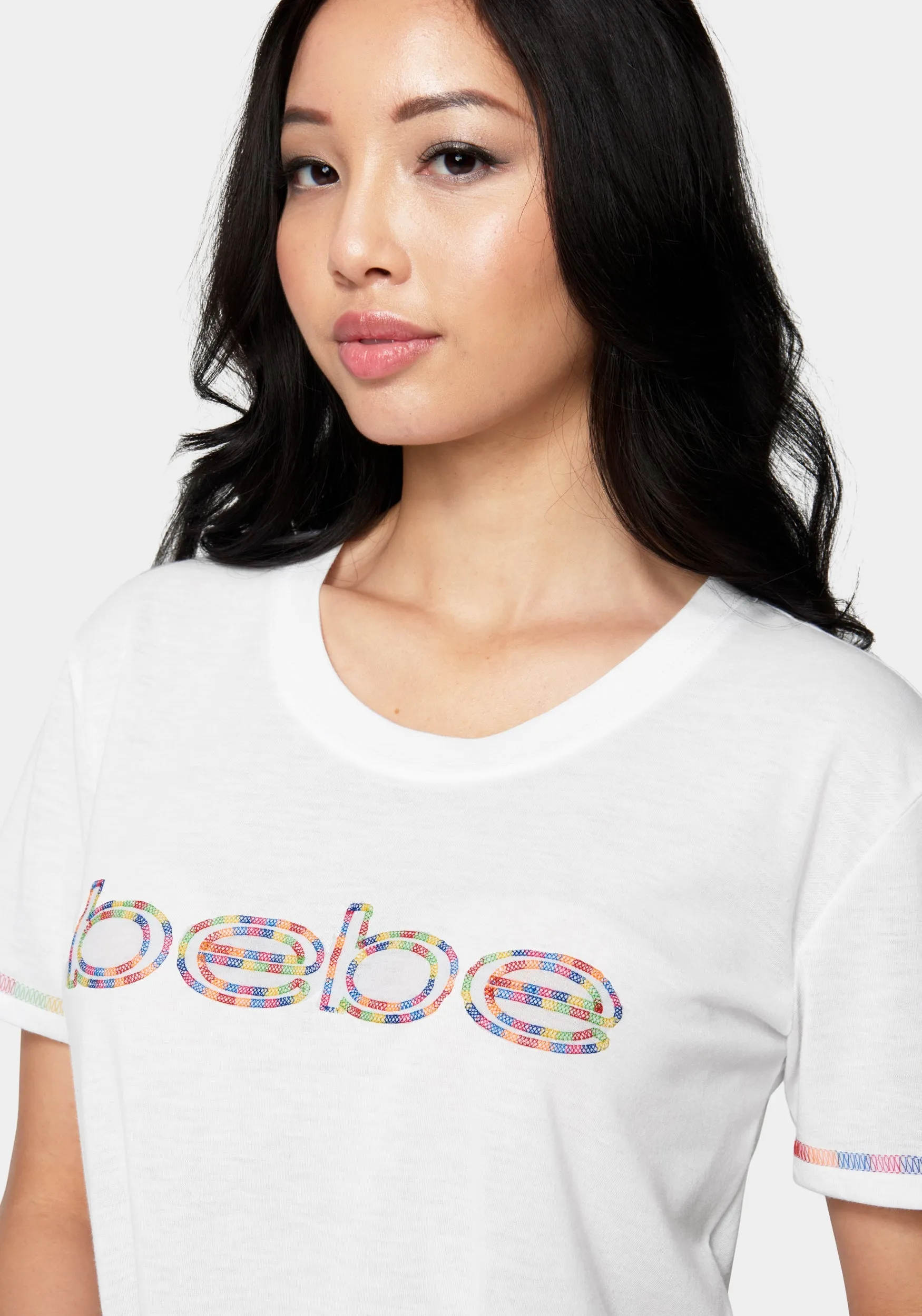 Bebe Logo Rainbow Coverstitch Tee