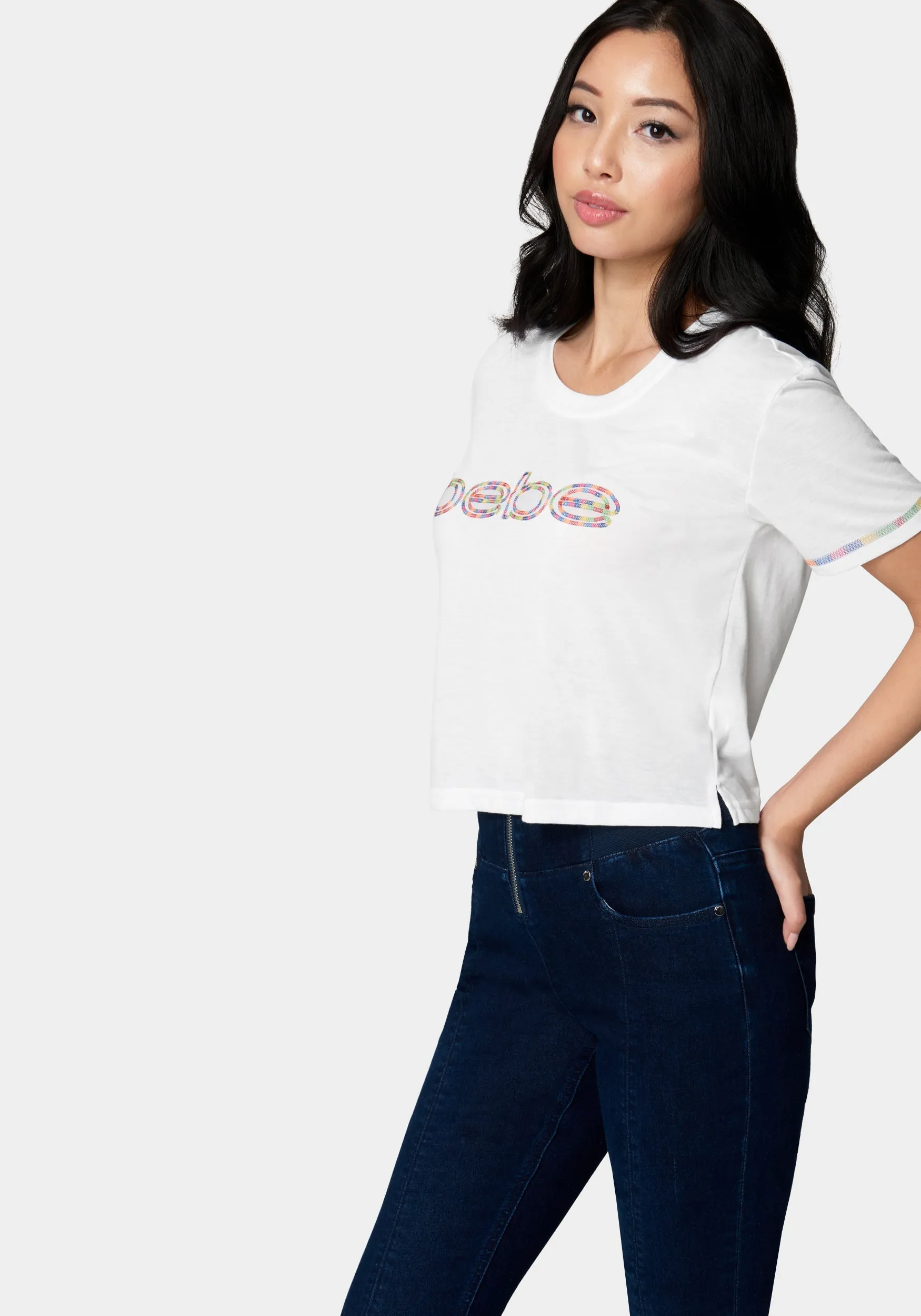 Bebe Logo Rainbow Coverstitch Tee