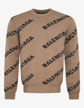 Beige Logo Jacquard Crew Neck Sweater -