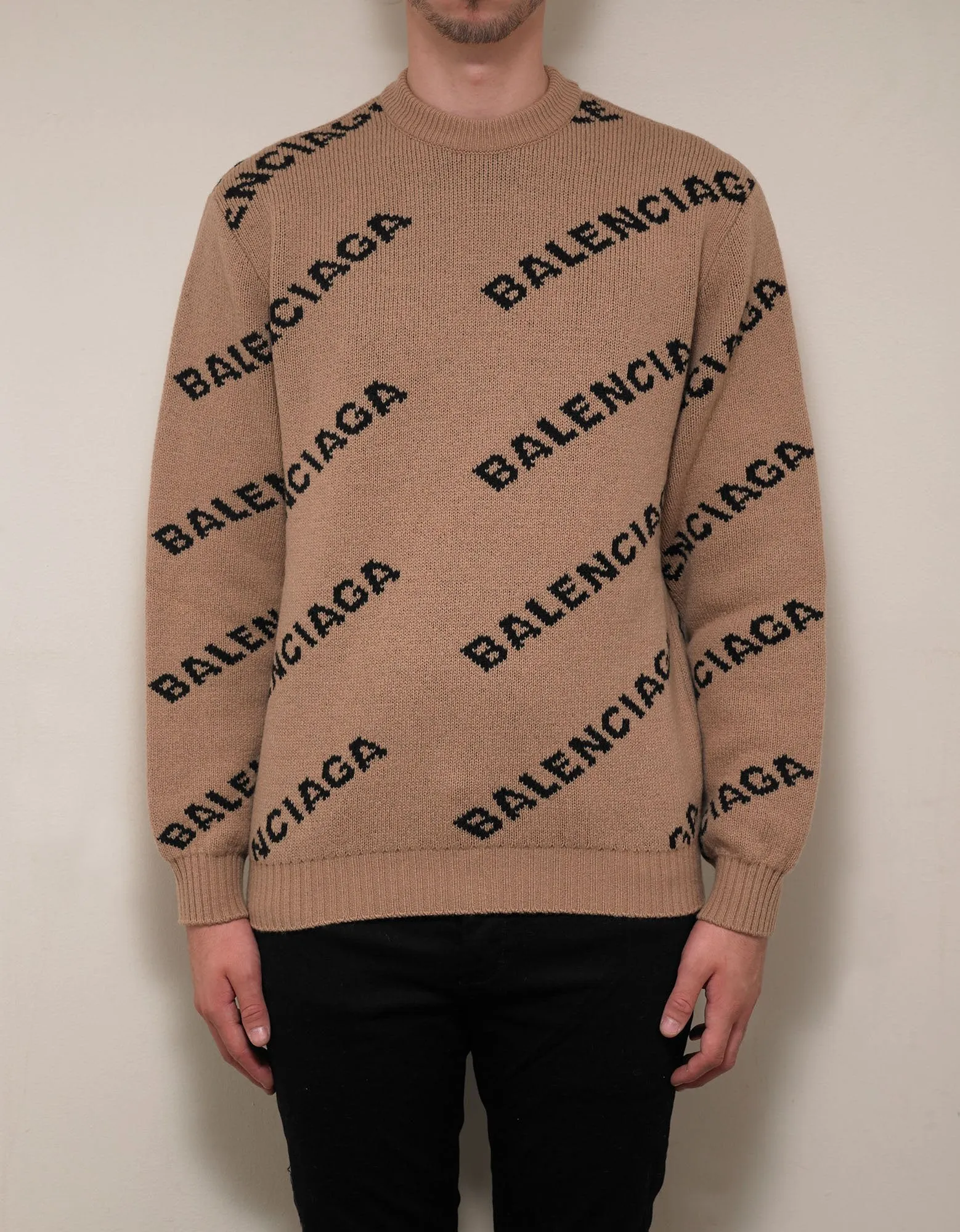 Beige Logo Jacquard Crew Neck Sweater