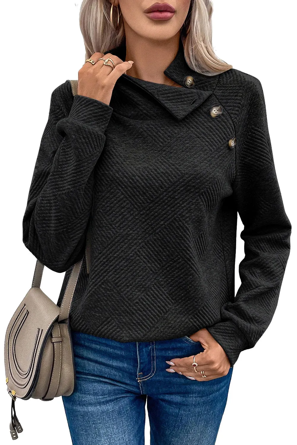 Black Asymmetric Buttons Detail High Neck Textured Sweatshirt