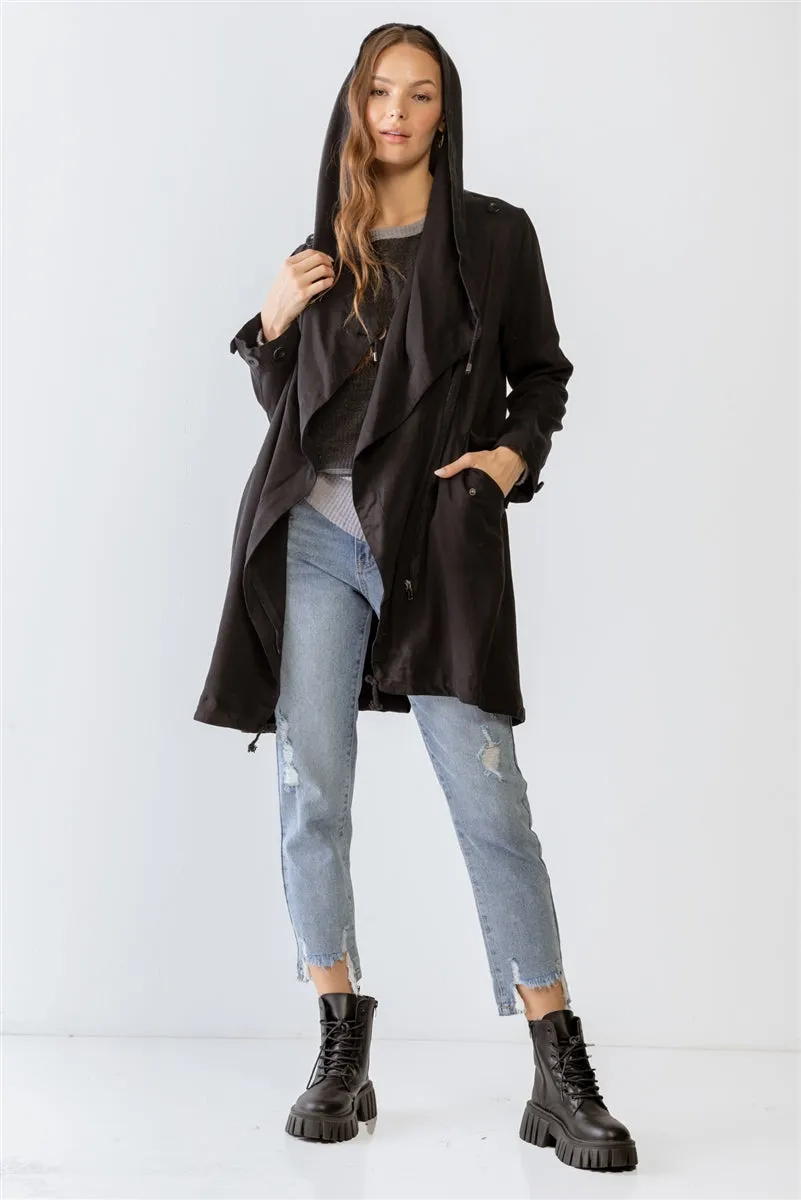 Black Asymmetrical Draped Zip Up Wide Lapel Collar Hooded Jacket