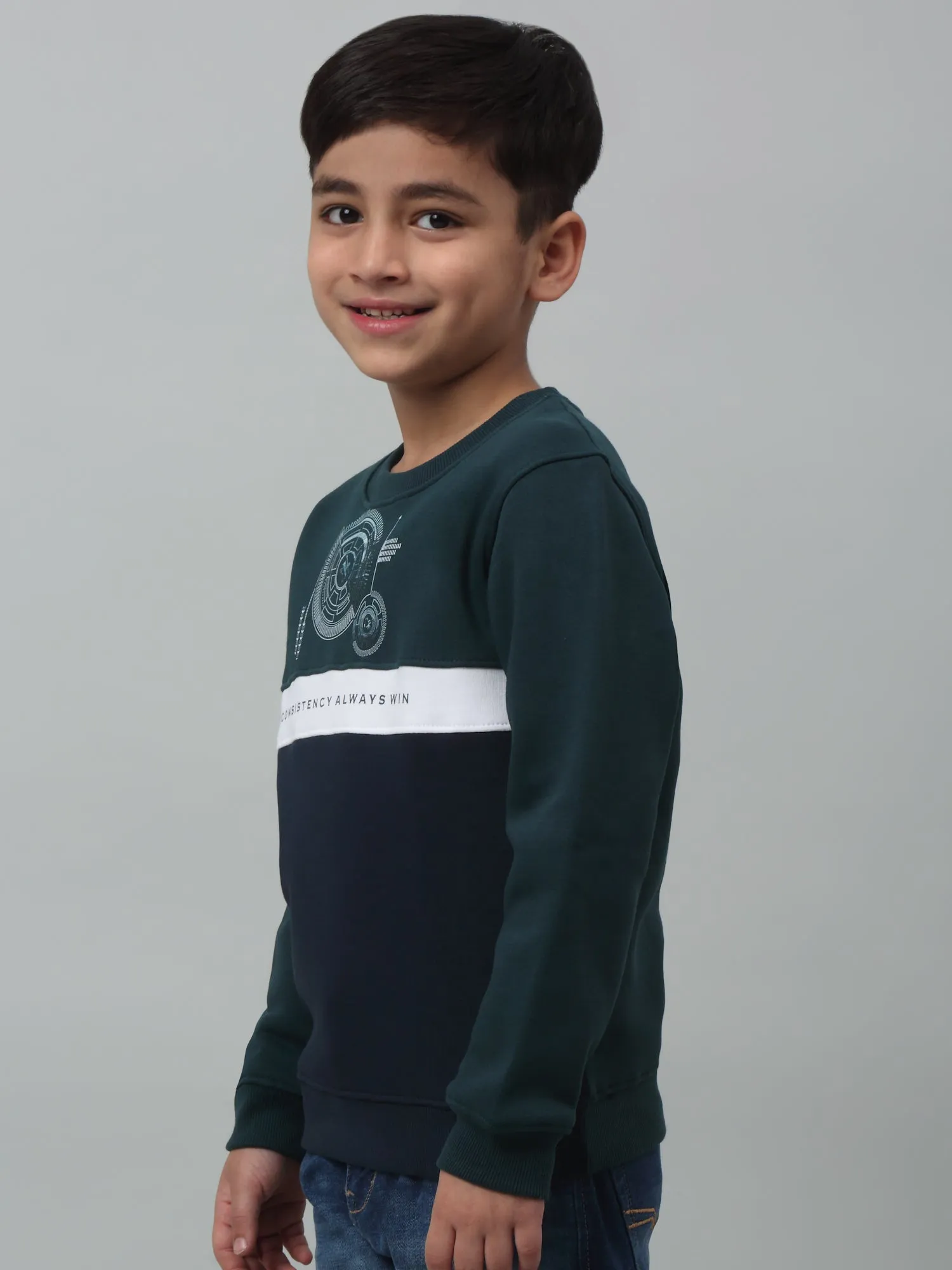 Cantabil Boys Navy Blue Colour Block Round Neck Sweatshirt For Winter