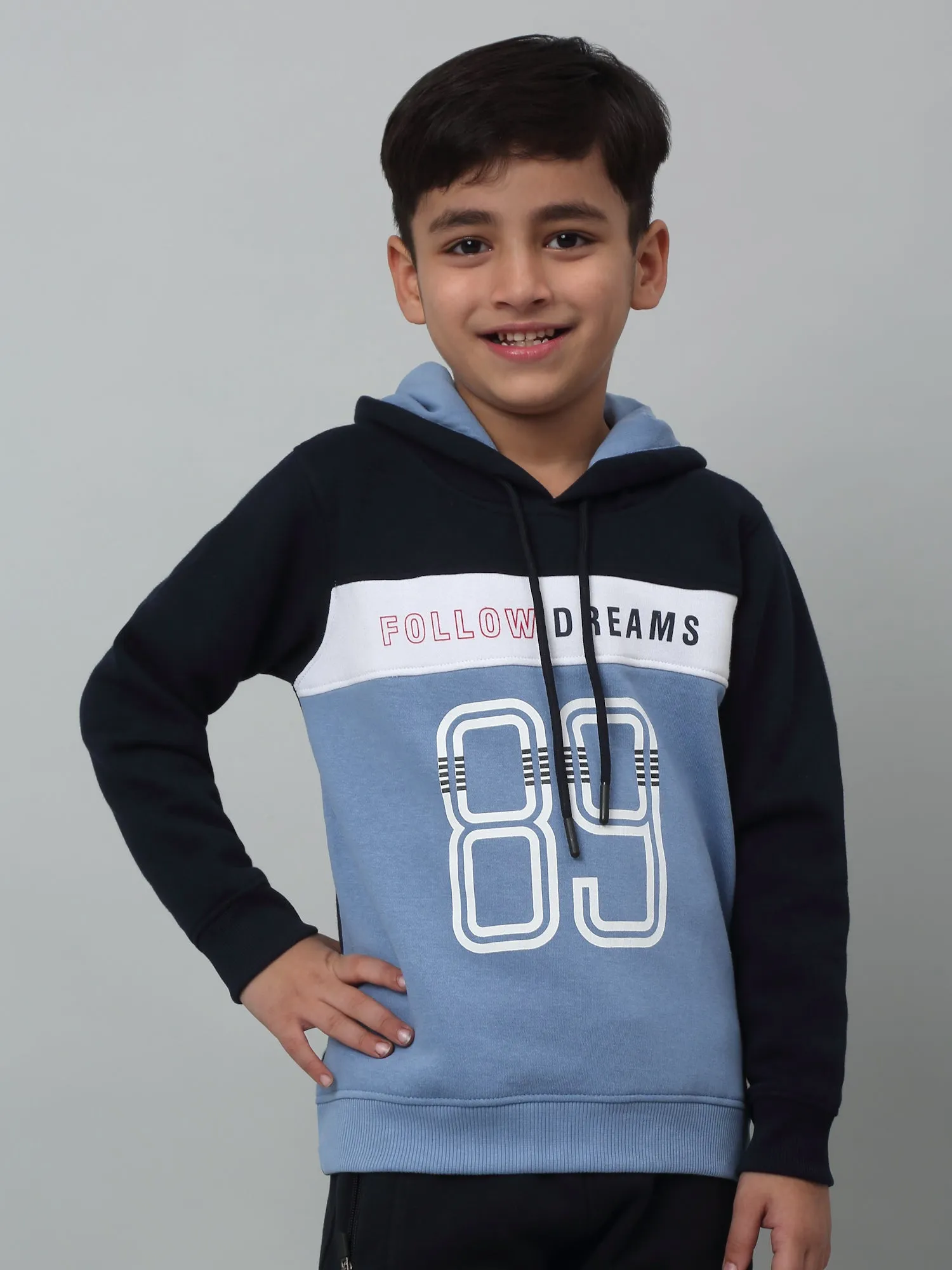 Cantabil Boys Sky Blue Colour Block Hooded Neck Sweatshirt For Winter