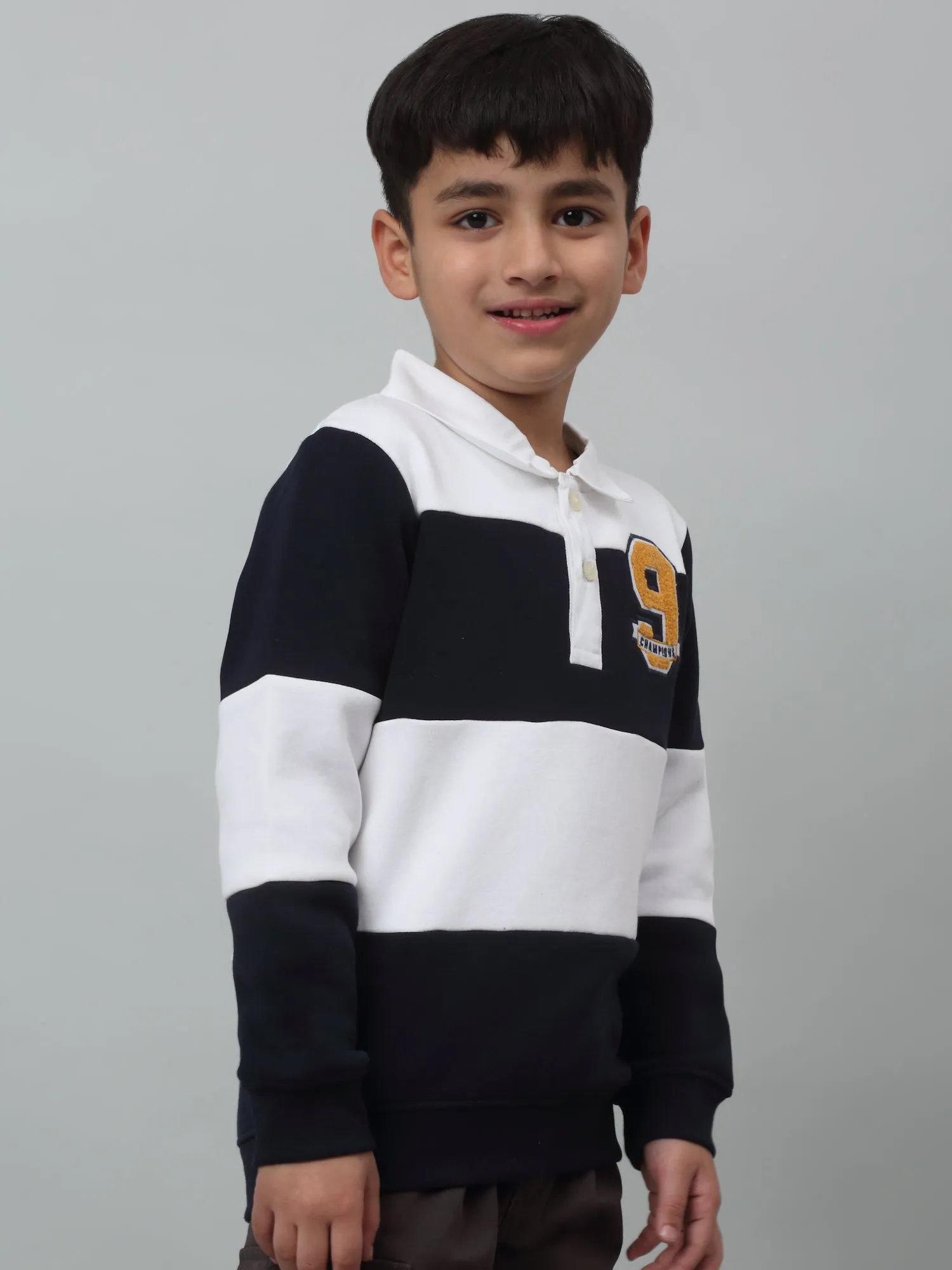 Cantabil Boys White Colour Block Shirt Collar Sweatshirt For Winter