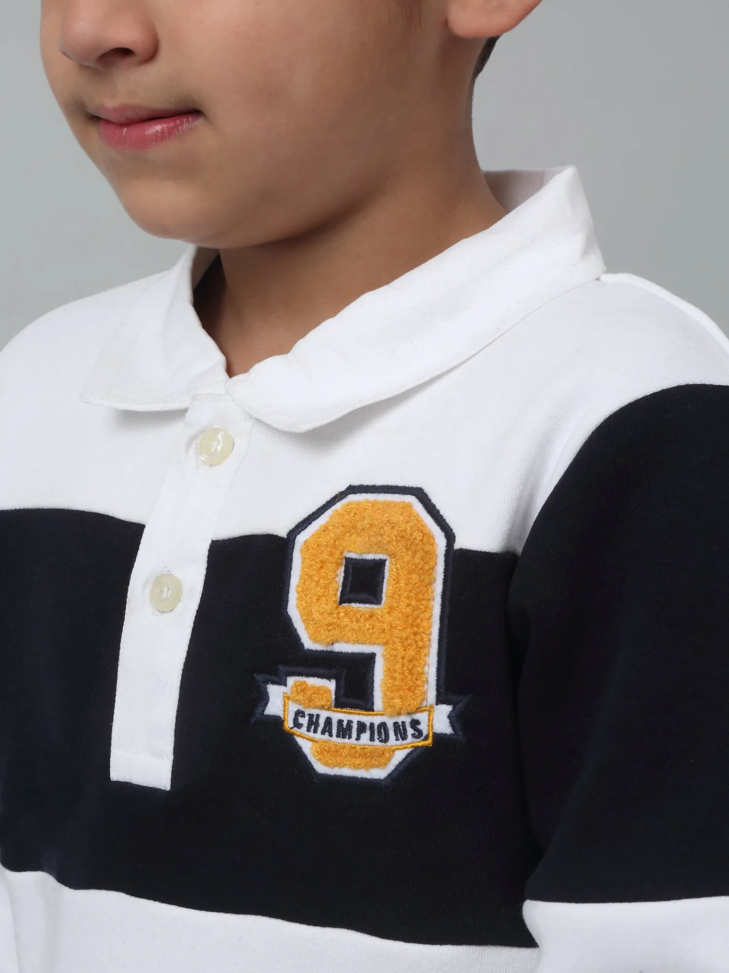 Cantabil Boys White Colour Block Shirt Collar Sweatshirt For Winter