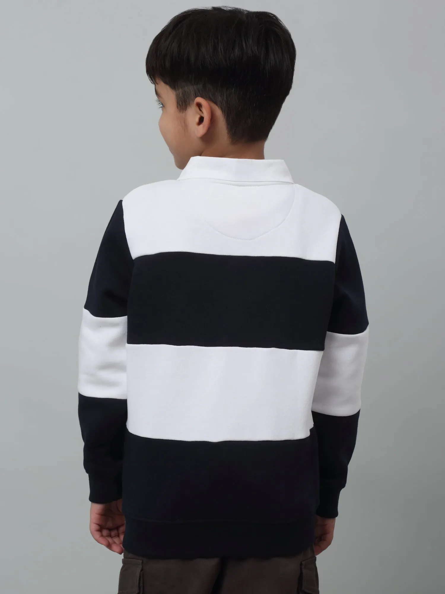 Cantabil Boys White Colour Block Shirt Collar Sweatshirt For Winter