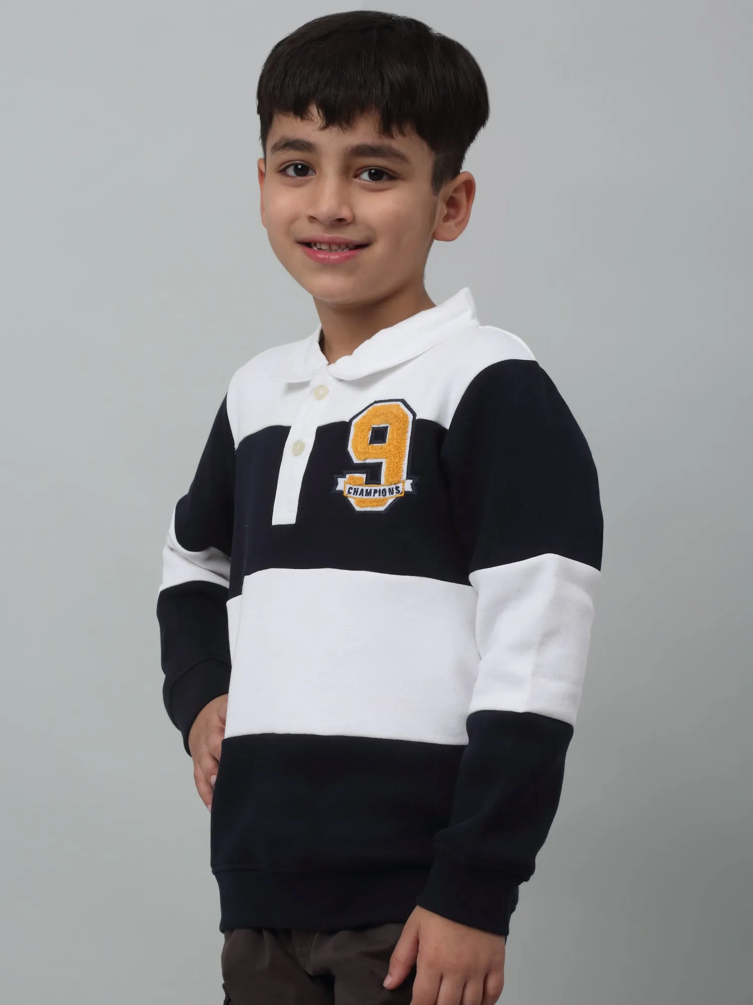 Cantabil Boys White Colour Block Shirt Collar Sweatshirt For Winter