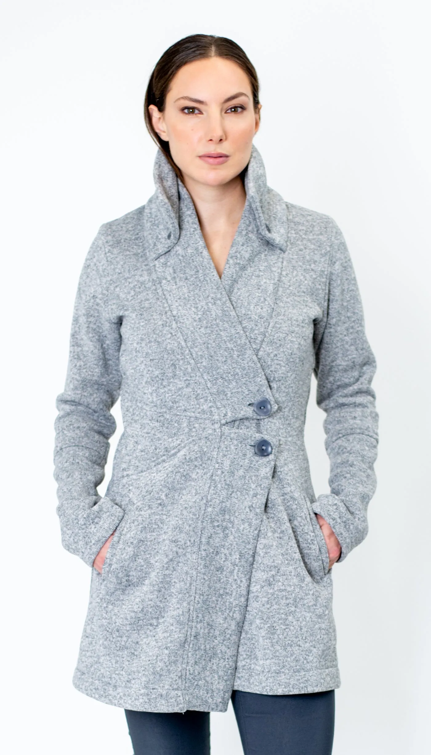 Classic Double Collar Ribbed Fleece Sweatshirt Jacket: Lt Heather Grey