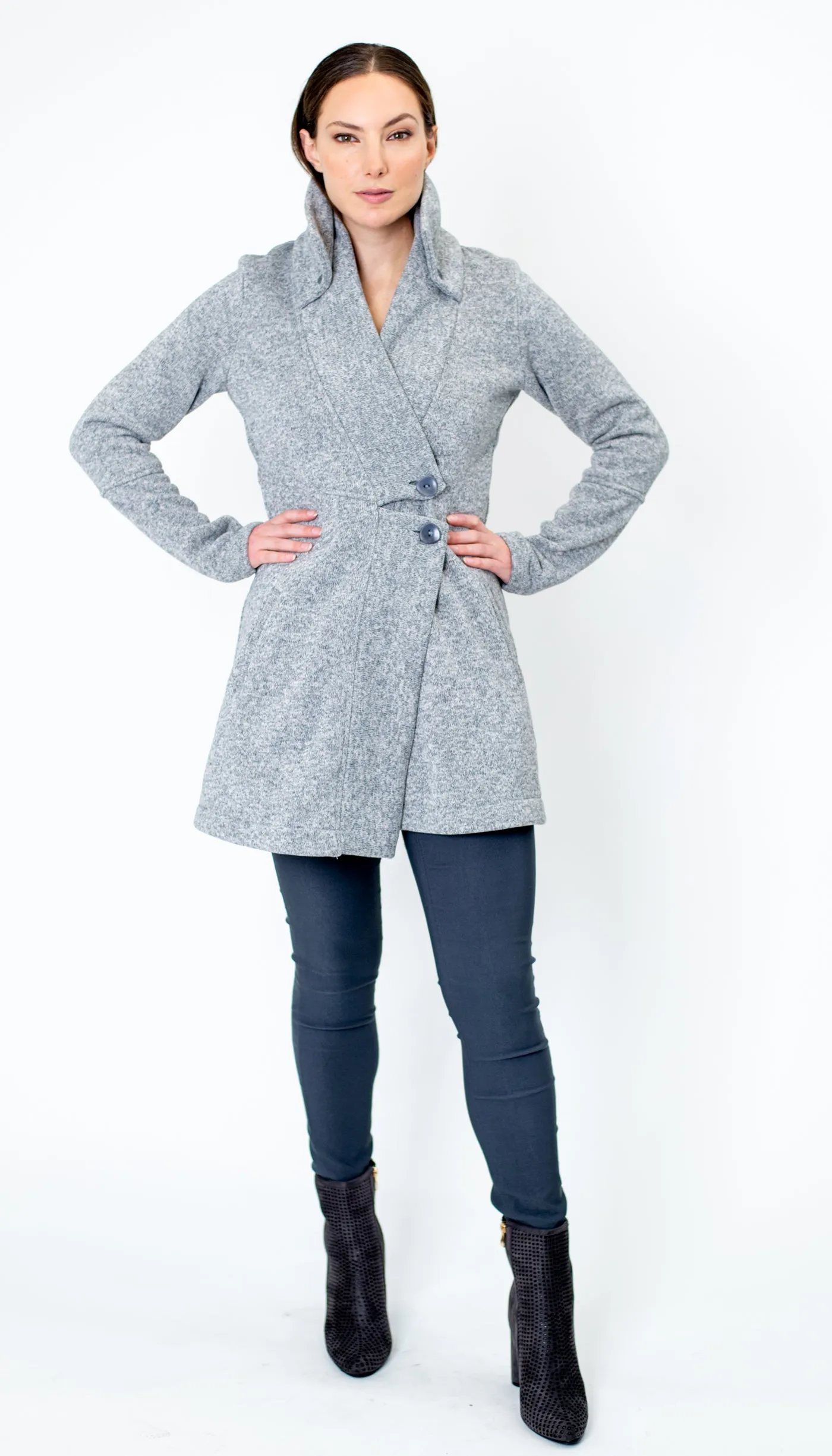 Classic Double Collar Ribbed Fleece Sweatshirt Jacket: Lt Heather Grey