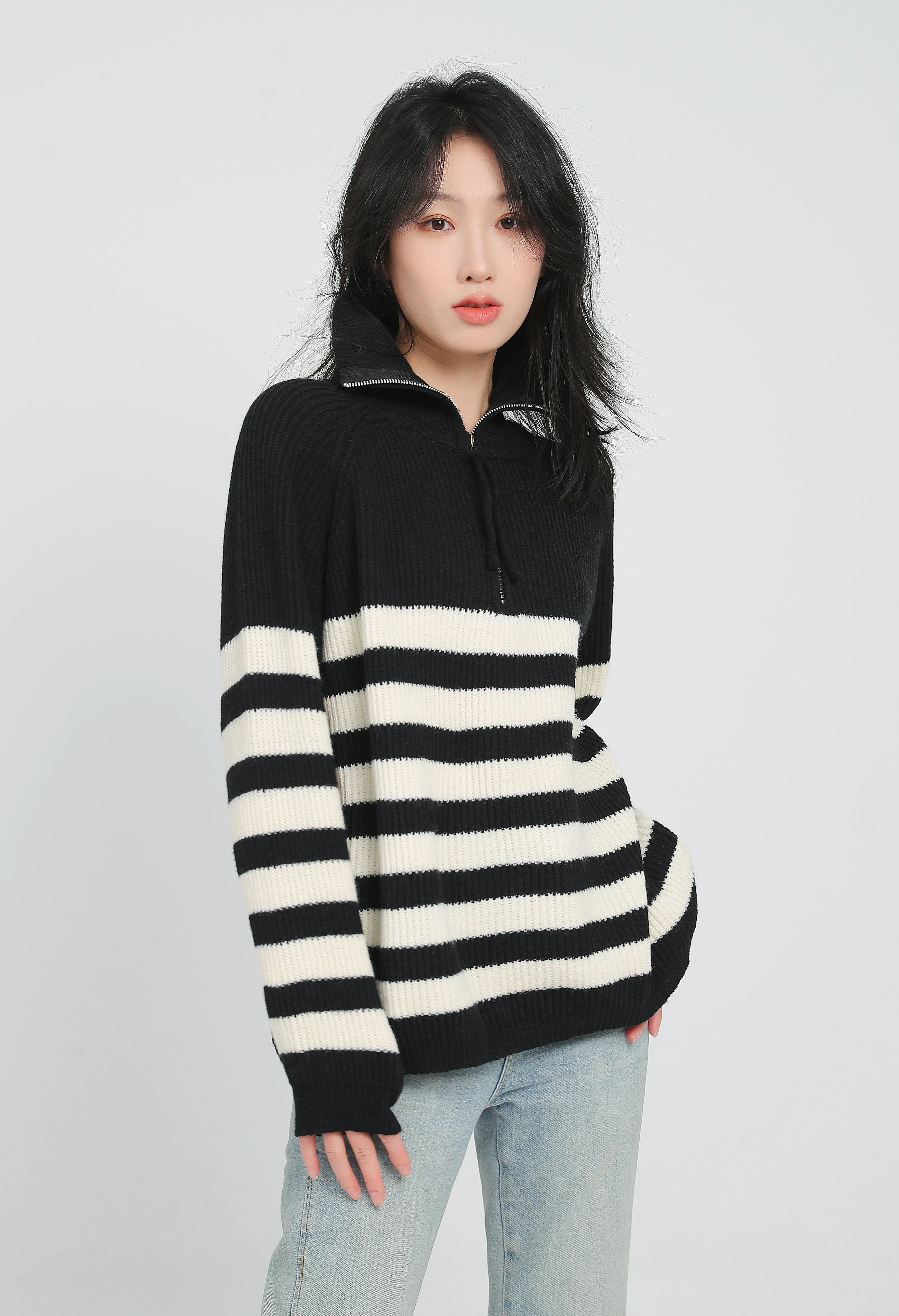 Color Block Stripe Zip Up Pullover