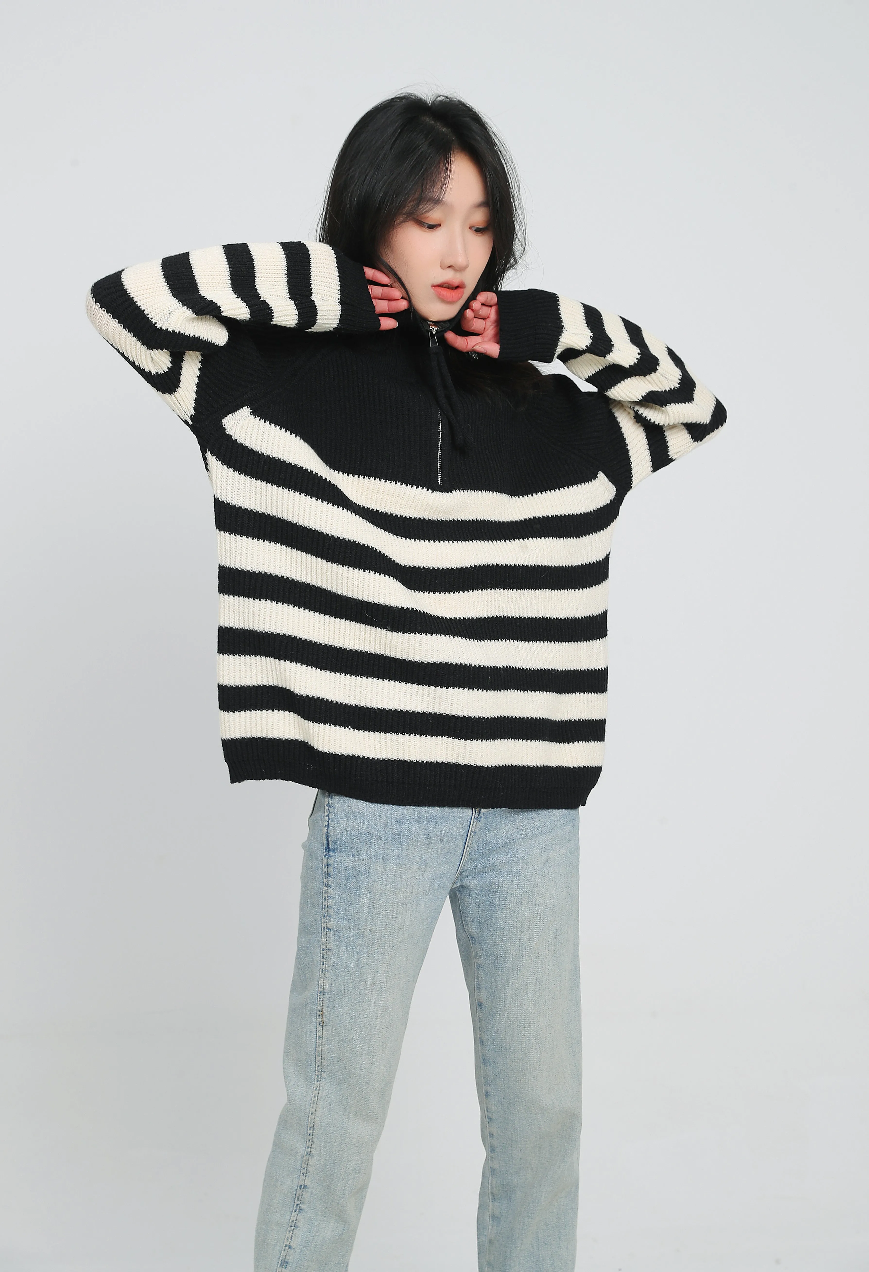 Color Block Stripe Zip Up Pullover