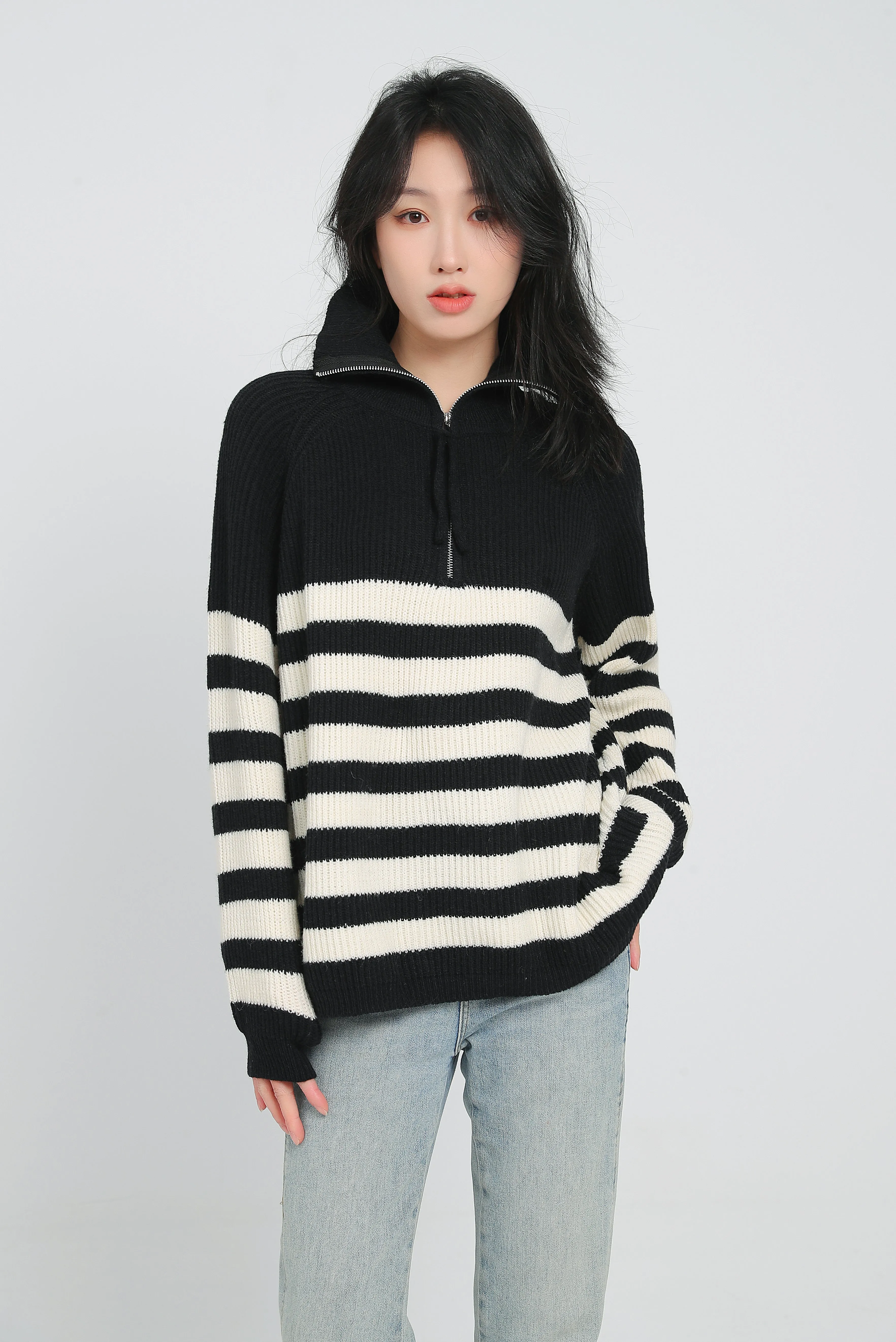 Color Block Stripe Zip Up Pullover