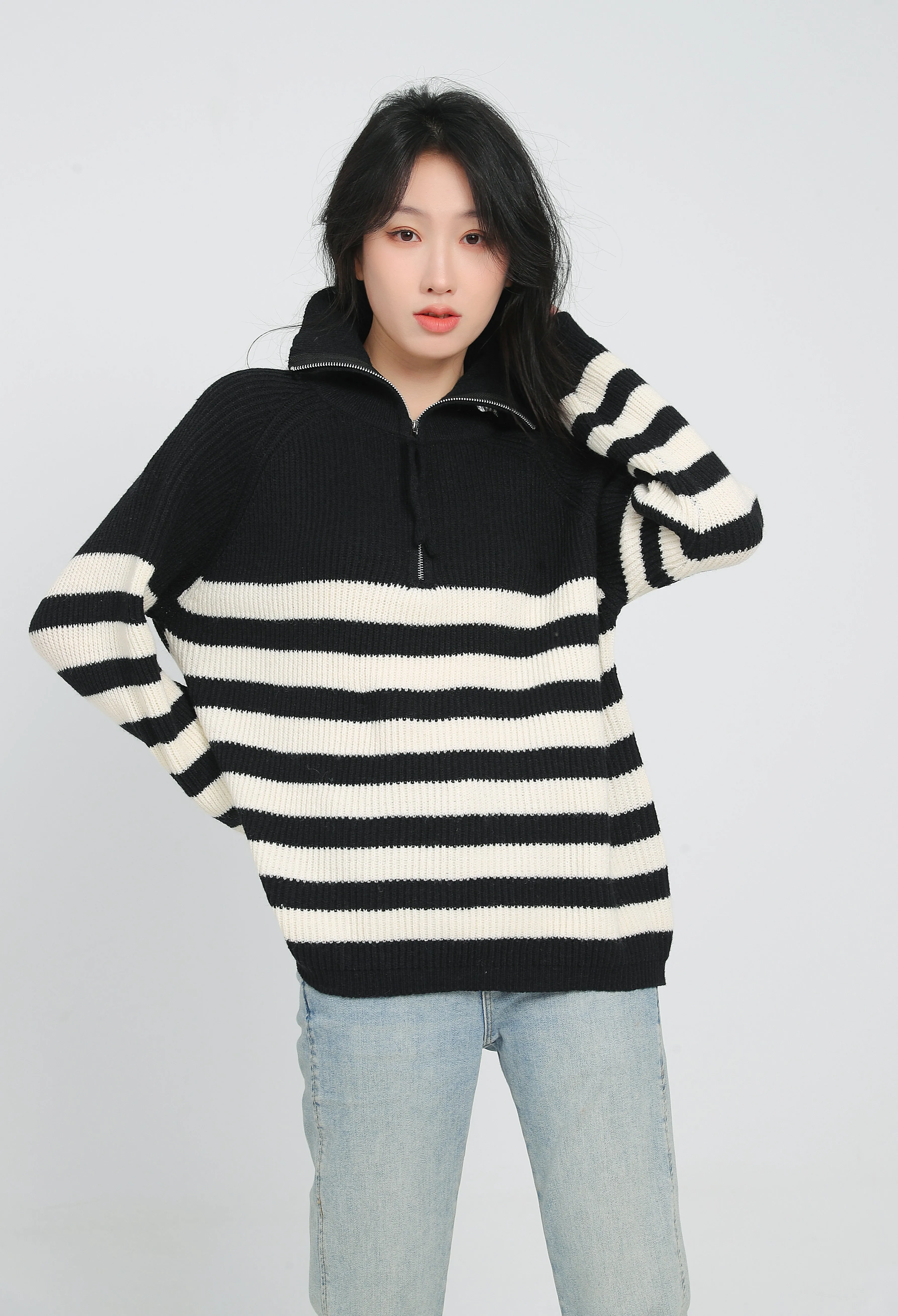 Color Block Stripe Zip Up Pullover