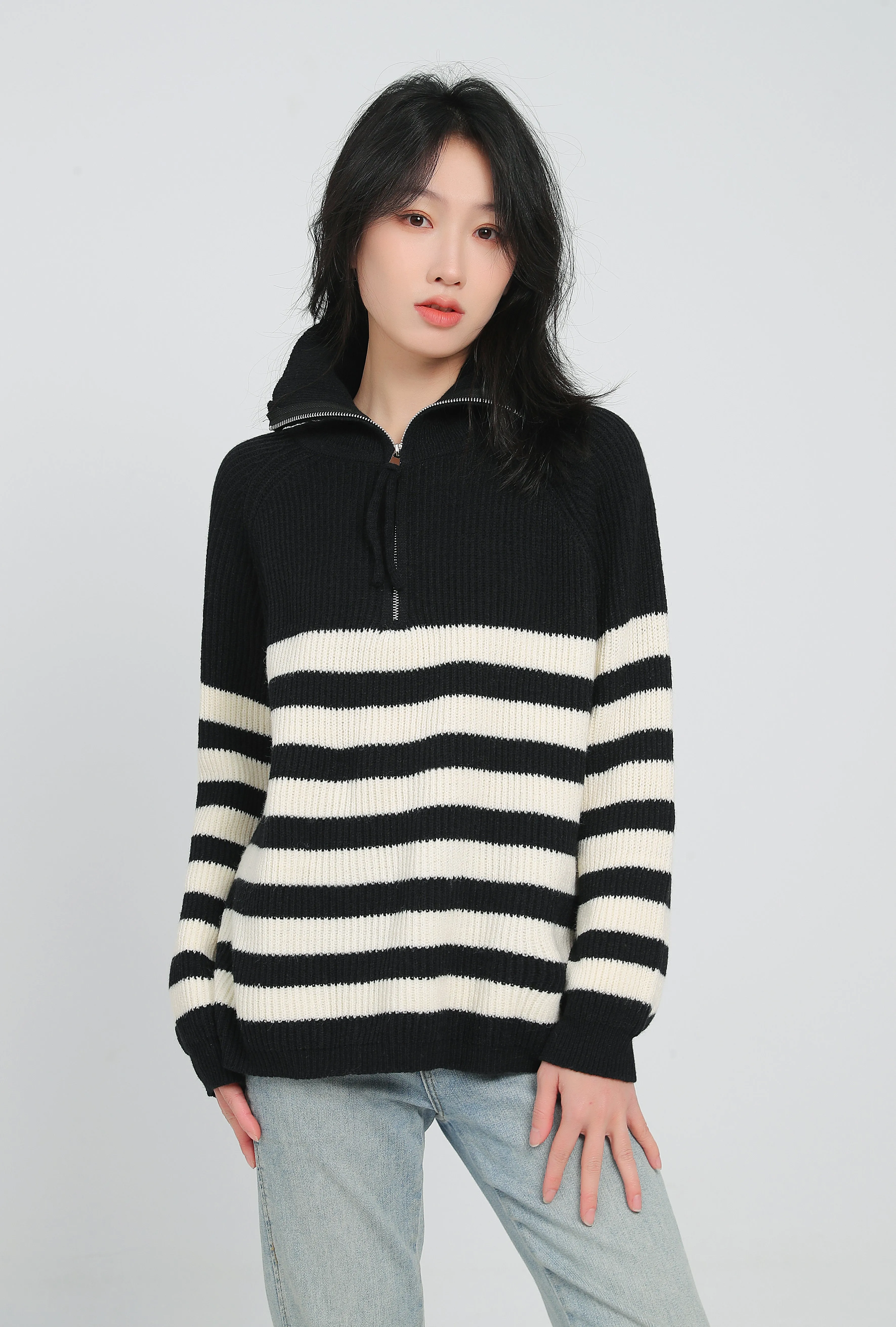 Color Block Stripe Zip Up Pullover