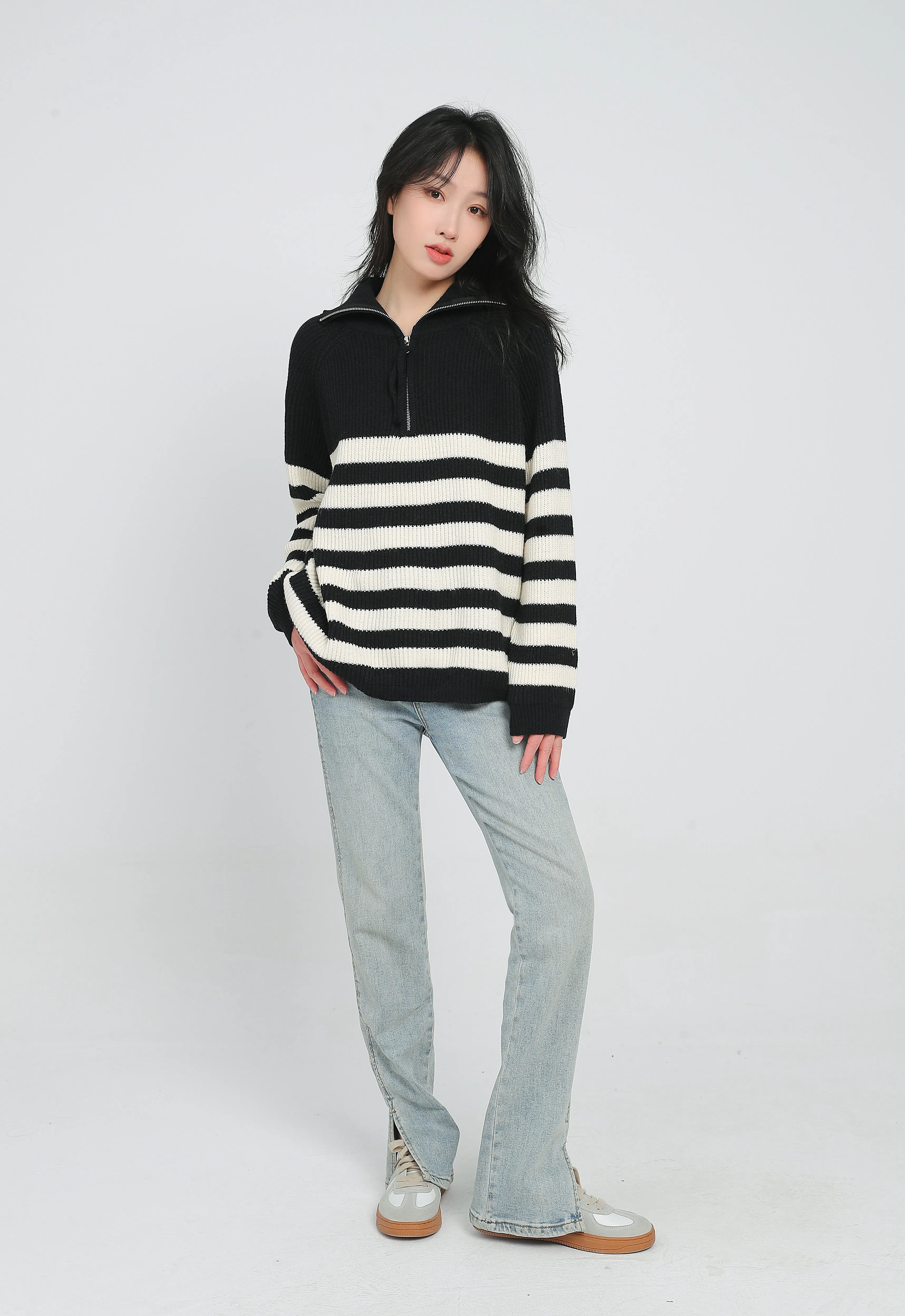 Color Block Stripe Zip Up Pullover