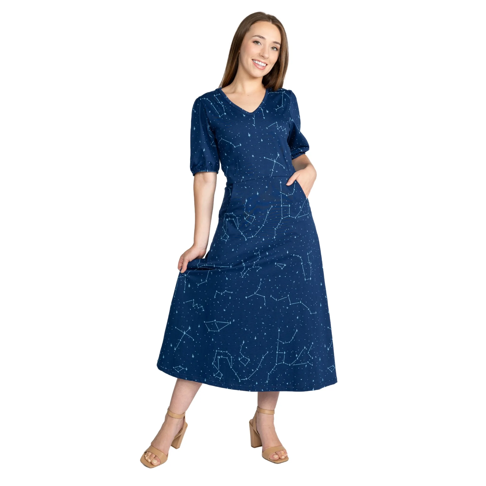 Constellations Glow-in-the-Dark Navy Long Midi Dress (With Waist Seam)