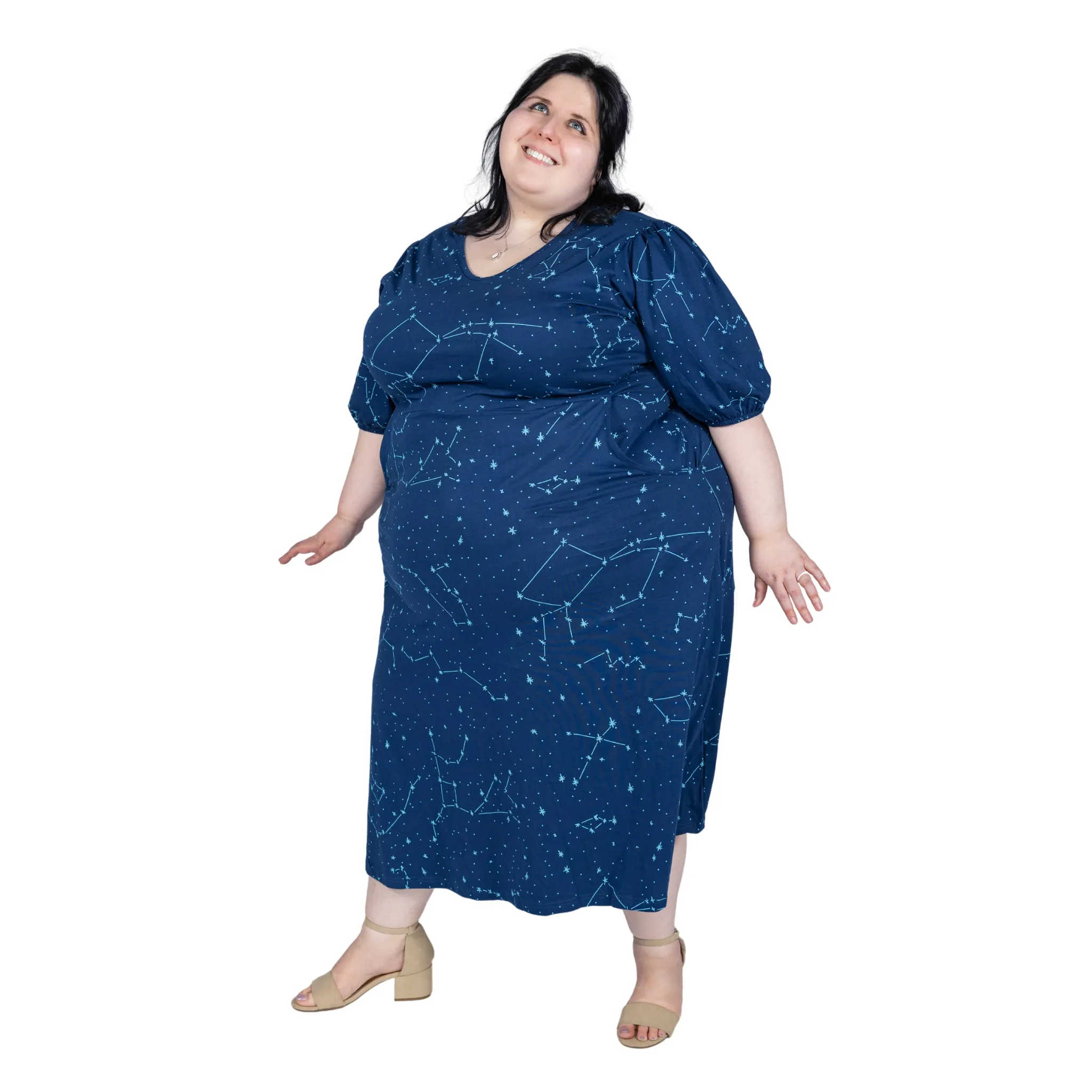 Constellations Glow-in-the-Dark Navy Long Midi Dress (With Waist Seam)