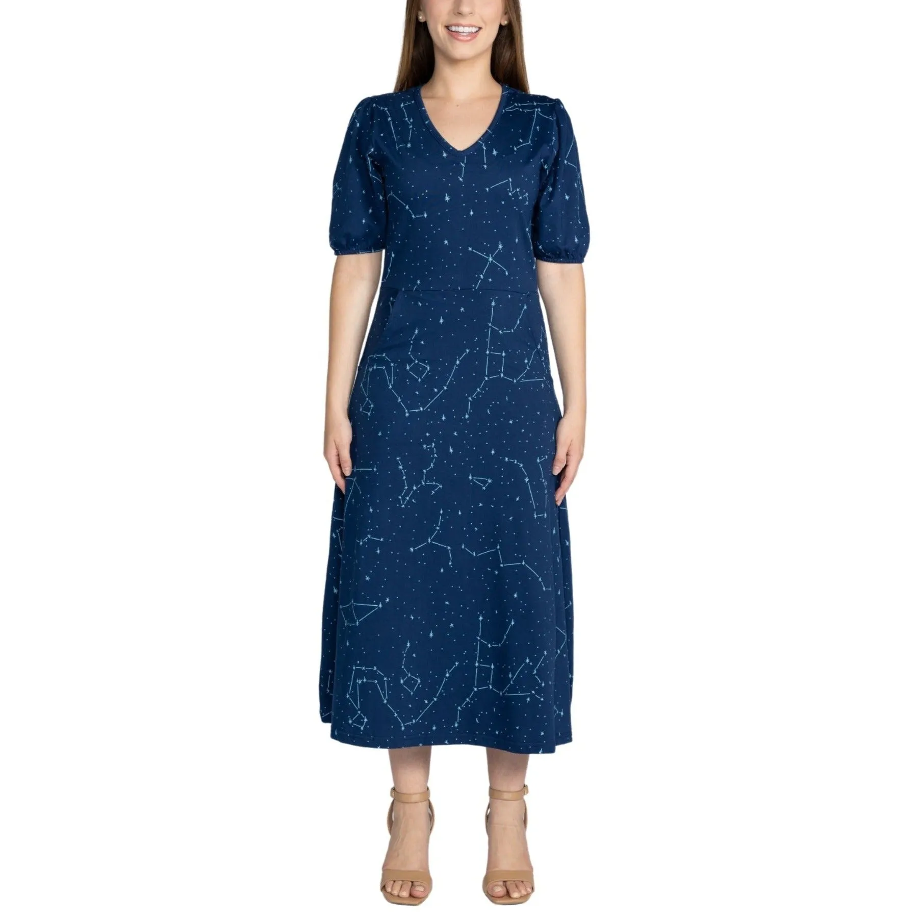 Constellations Glow-in-the-Dark Navy Long Midi Dress (With Waist Seam)