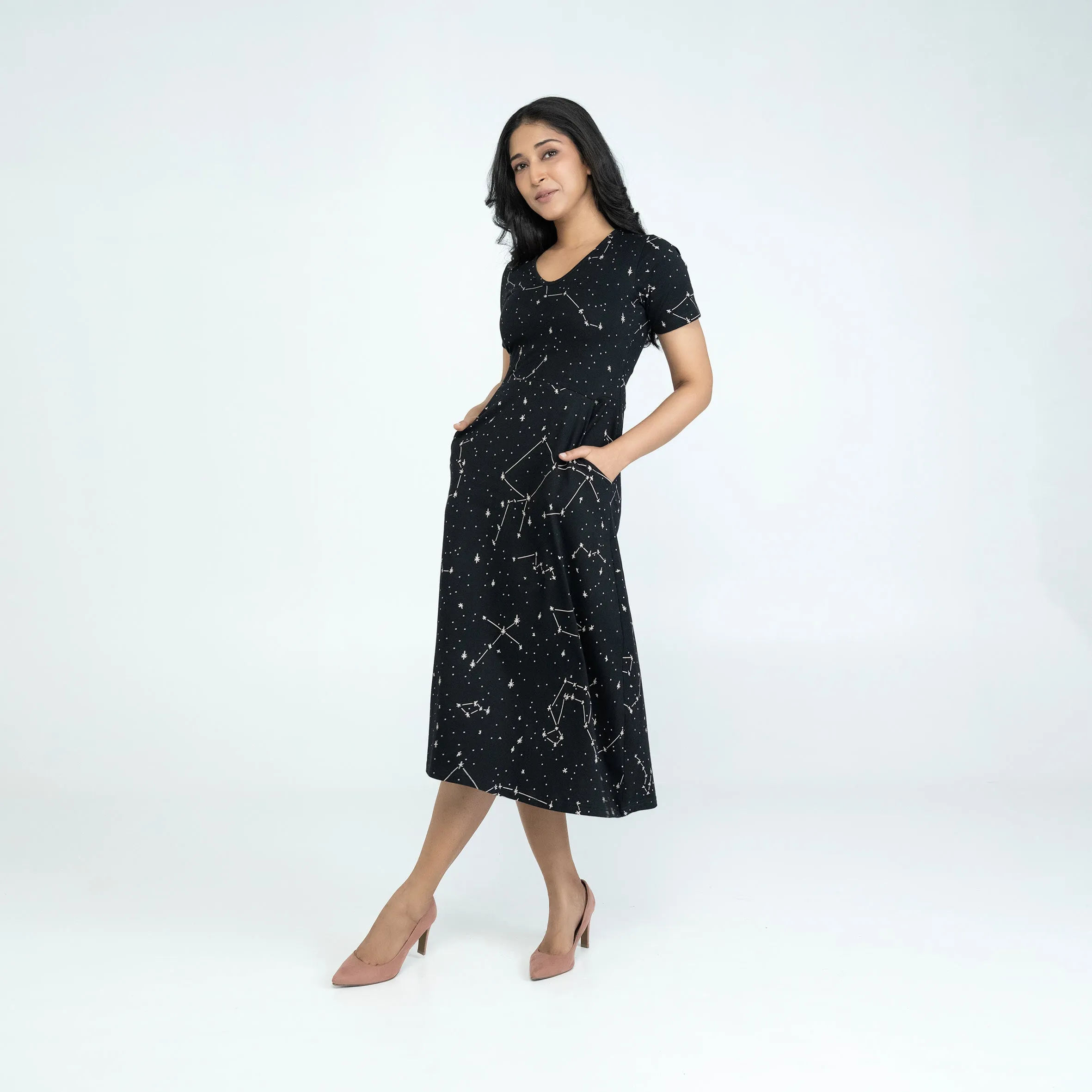 Constellations Glow-in-the-dark Short Sleeve Long Midi Dress (With Waist Seam)