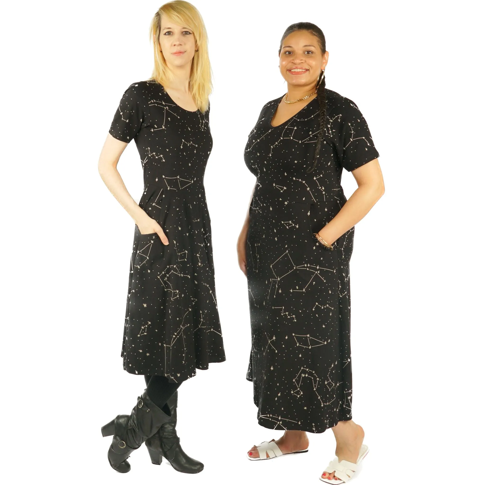 Constellations Glow-in-the-dark Short Sleeve Long Midi Dress (With Waist Seam)