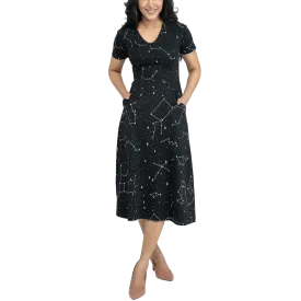 Constellations Glow-in-the-dark Short Sleeve Long Midi Dress (With Waist Seam)