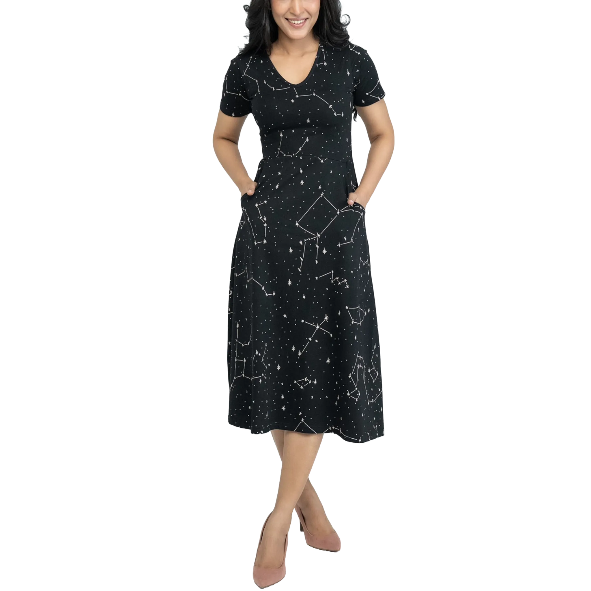 Constellations Glow-in-the-dark Short Sleeve Long Midi Dress (With Waist Seam)