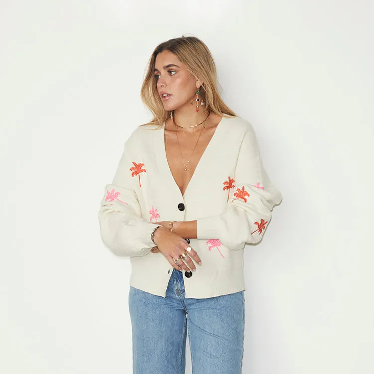 Cream Cardigan With Embroidered Palm