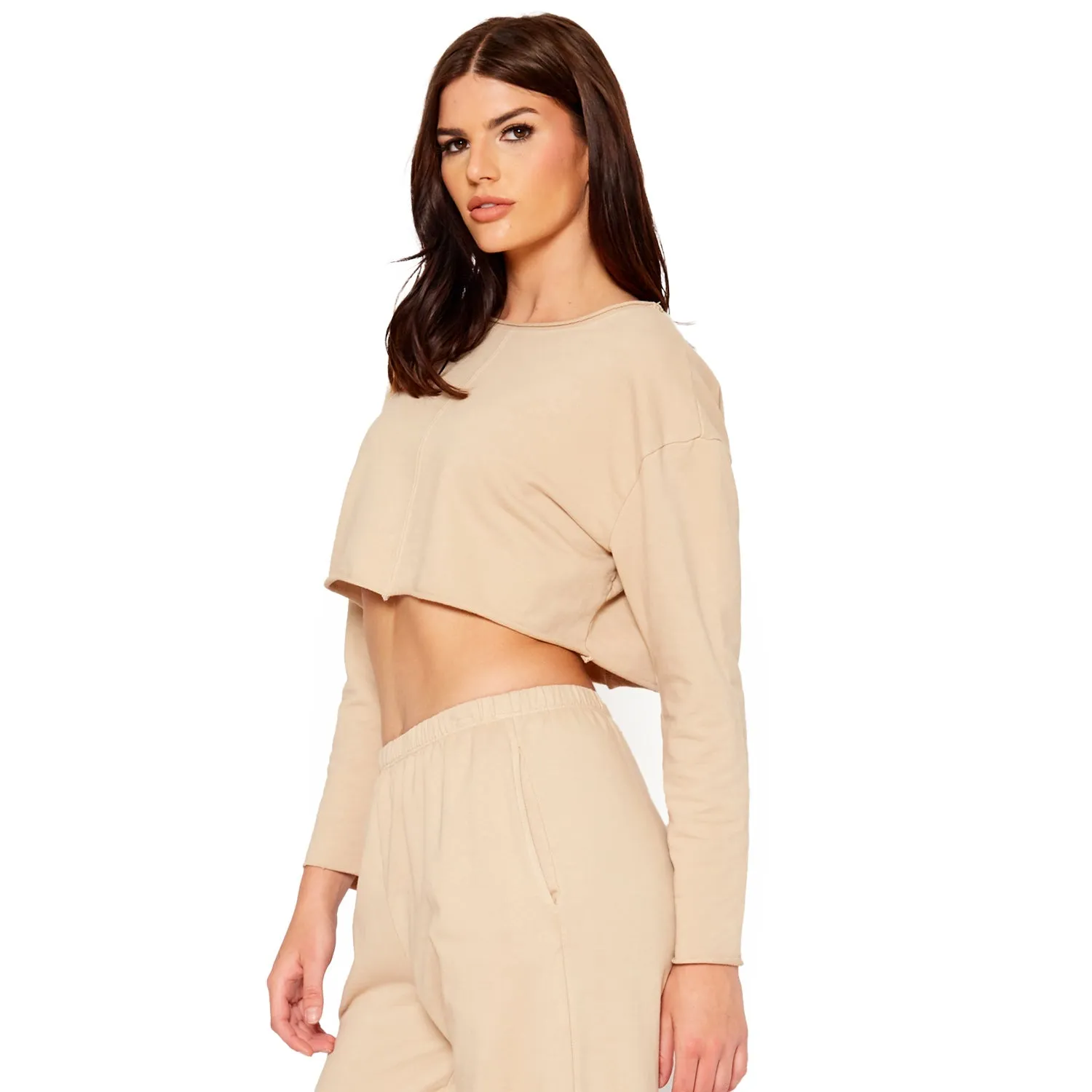 Cropped Scoop Neck Terry Sweatshirt In Khaki