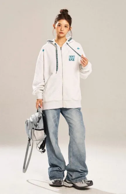 Drawstring Logo Embroiidery Zip-Up Hoodie