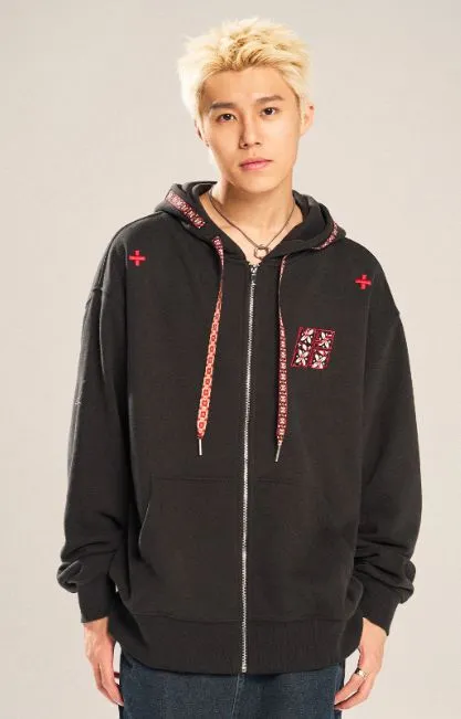 Drawstring Logo Embroiidery Zip-Up Hoodie