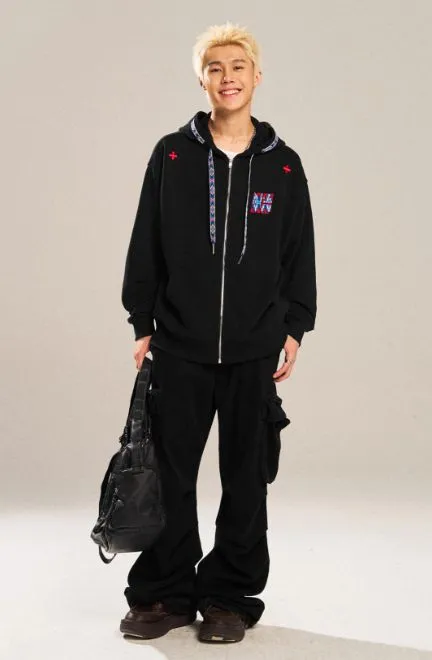 Drawstring Logo Embroiidery Zip-Up Hoodie