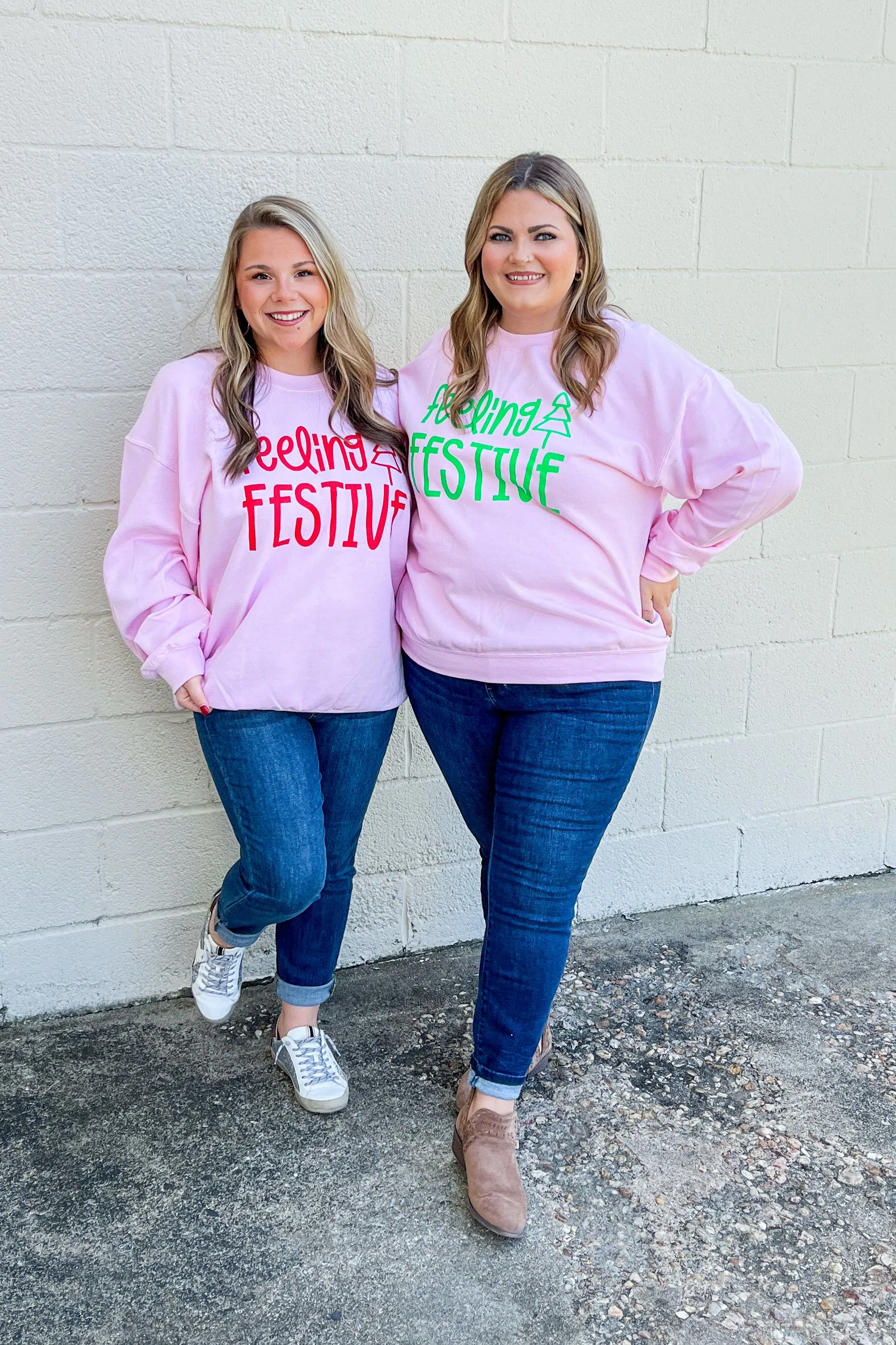 Feeling Festive Sweatshirt, Pink with Green Ink