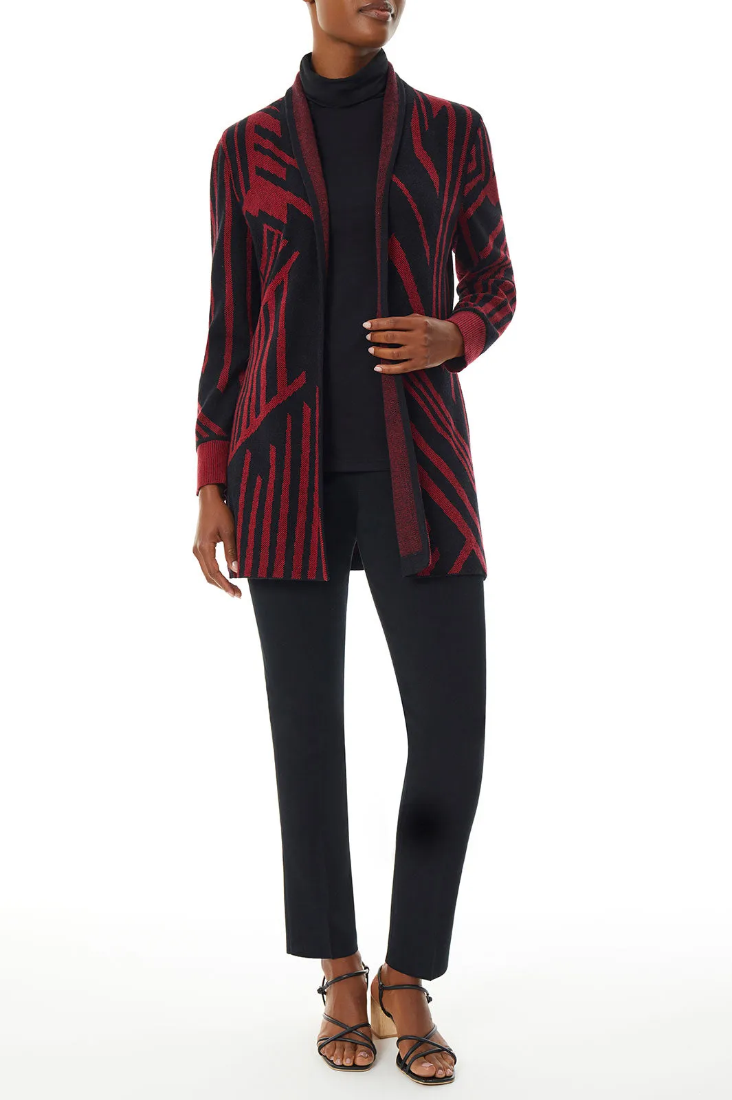 Geometric Stripe Cozy Knit Cardigan, Crimson Red