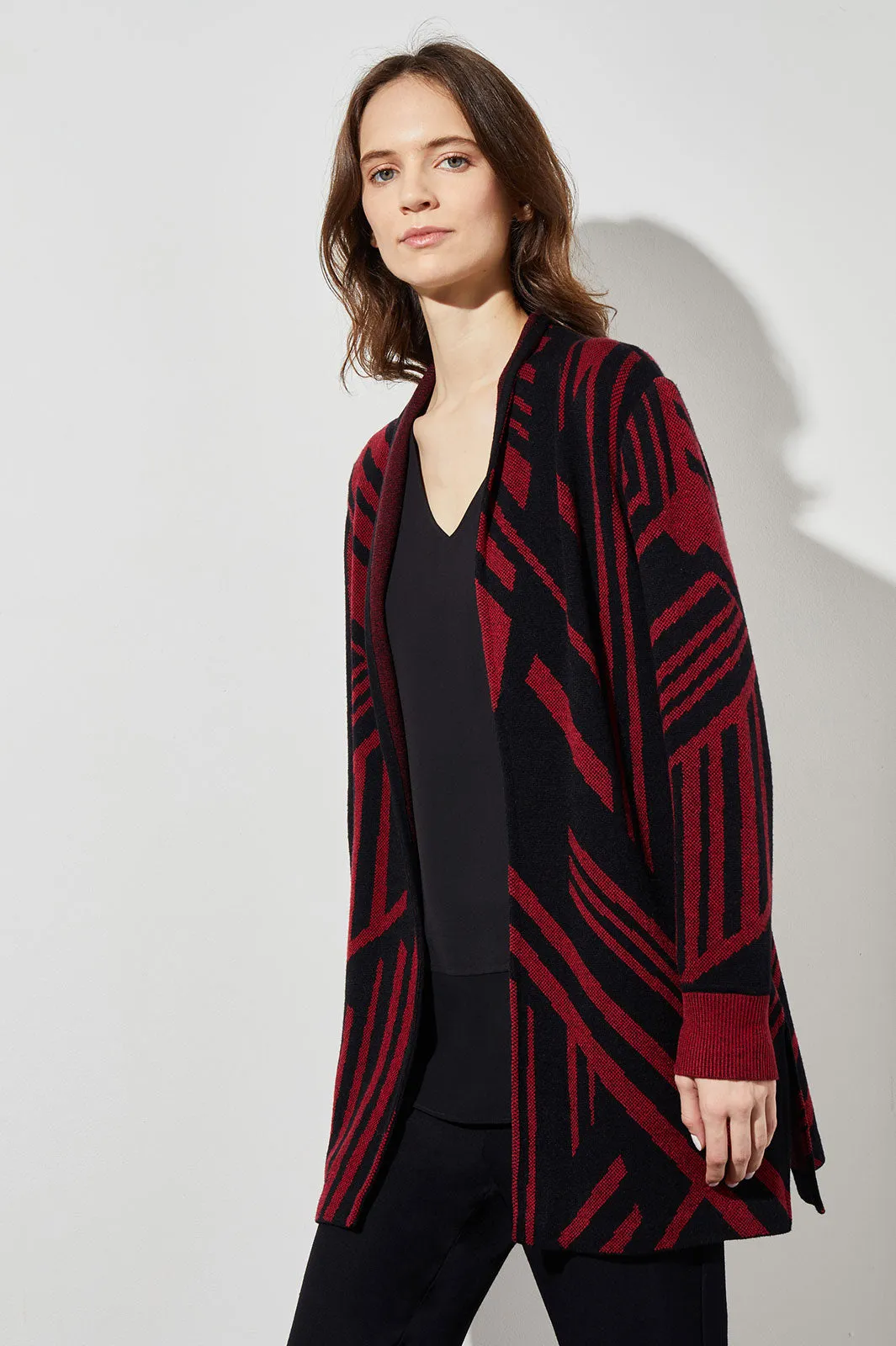 Geometric Stripe Cozy Knit Cardigan, Crimson Red