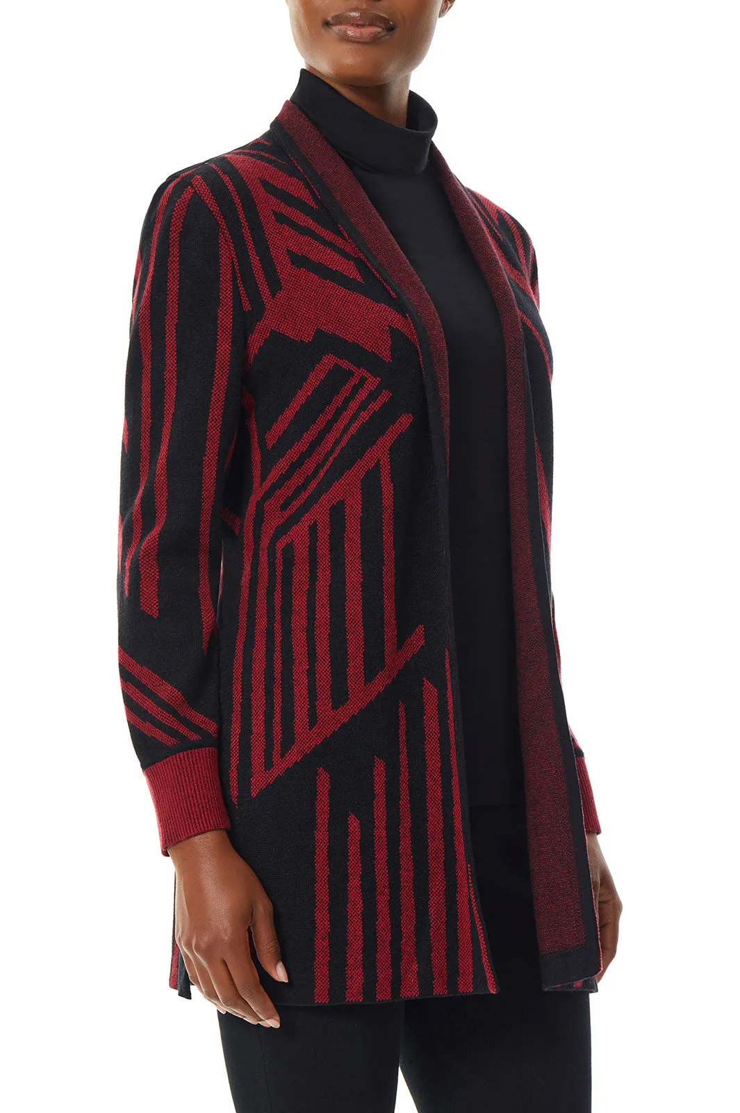 Geometric Stripe Cozy Knit Cardigan, Crimson Red