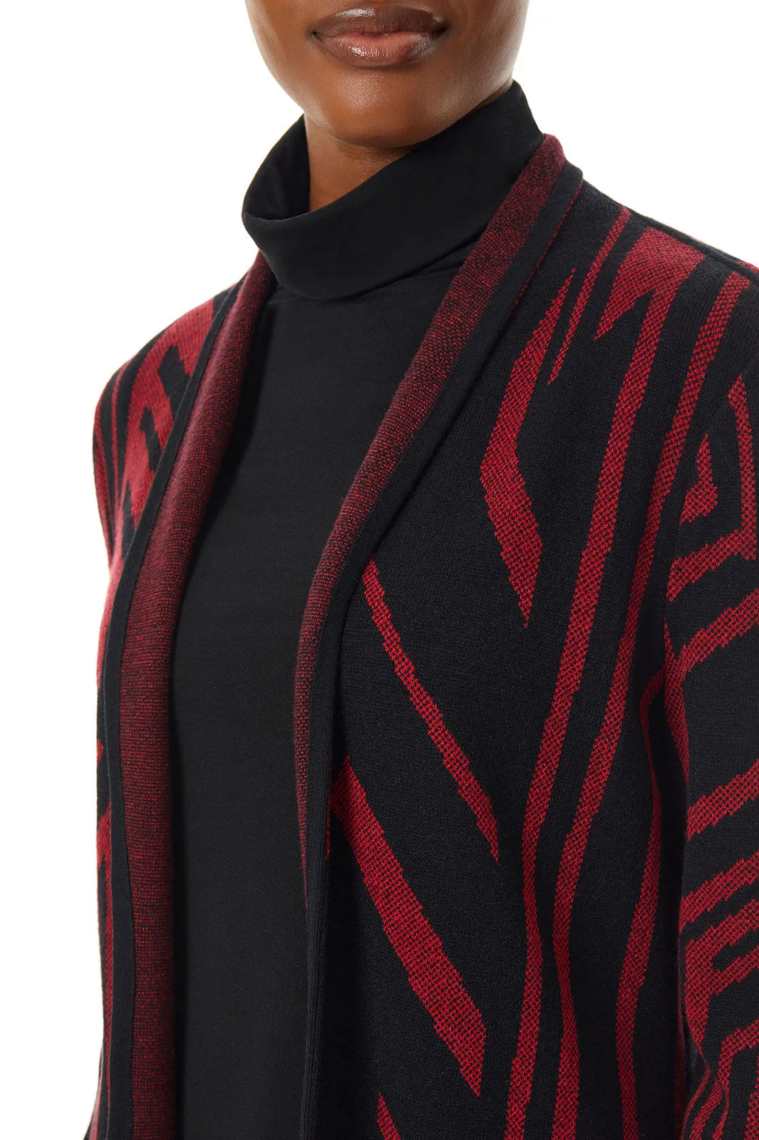 Geometric Stripe Cozy Knit Cardigan, Crimson Red