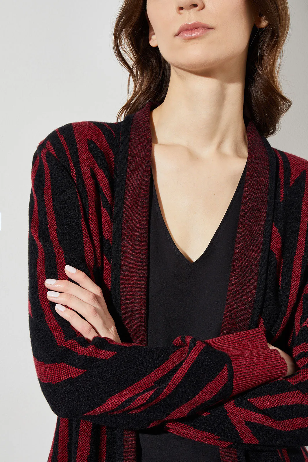 Geometric Stripe Cozy Knit Cardigan, Crimson Red