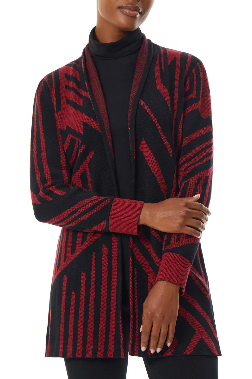 Geometric Stripe Cozy Knit Cardigan, Crimson Red