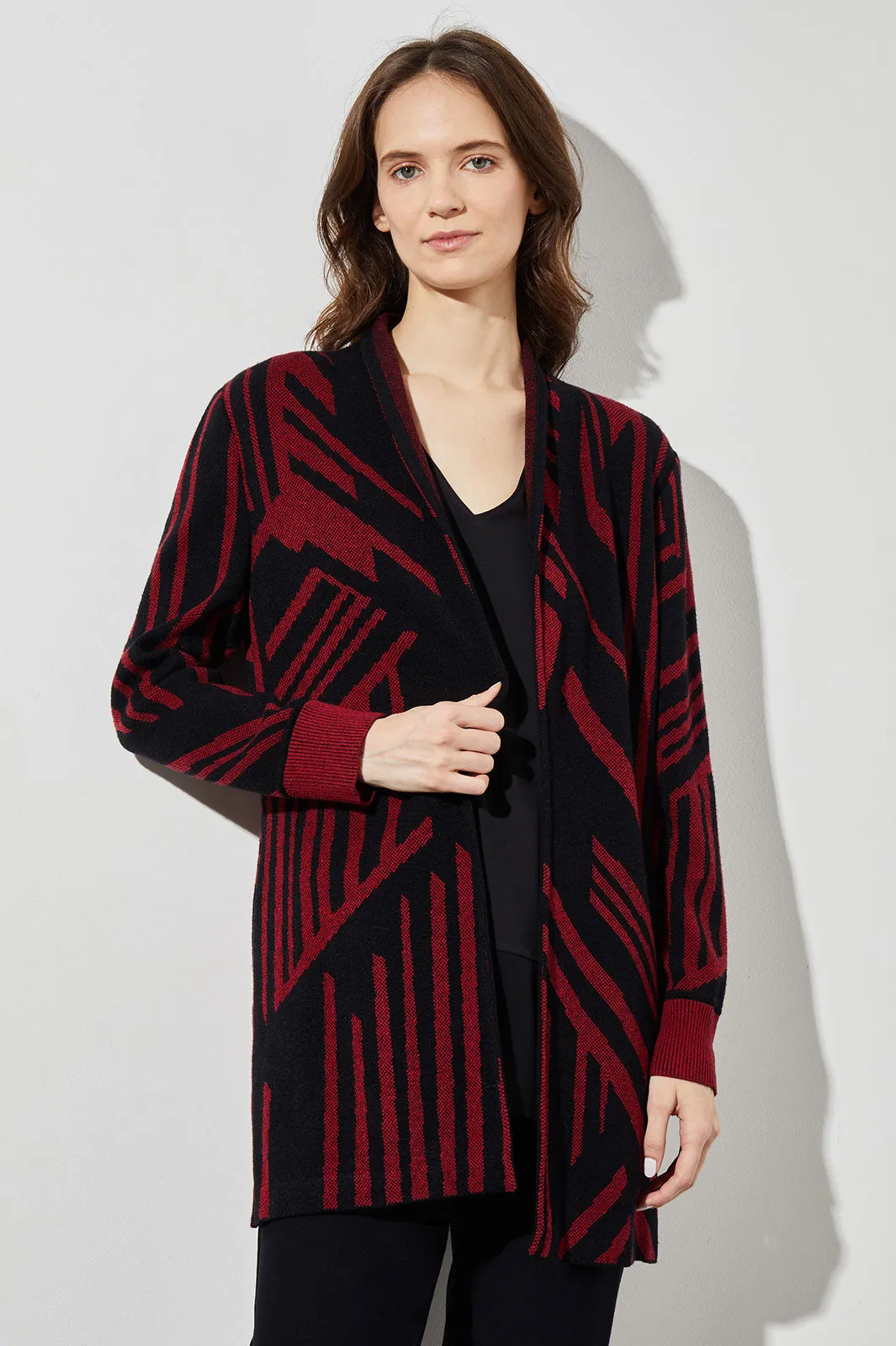 Geometric Stripe Cozy Knit Cardigan, Crimson Red