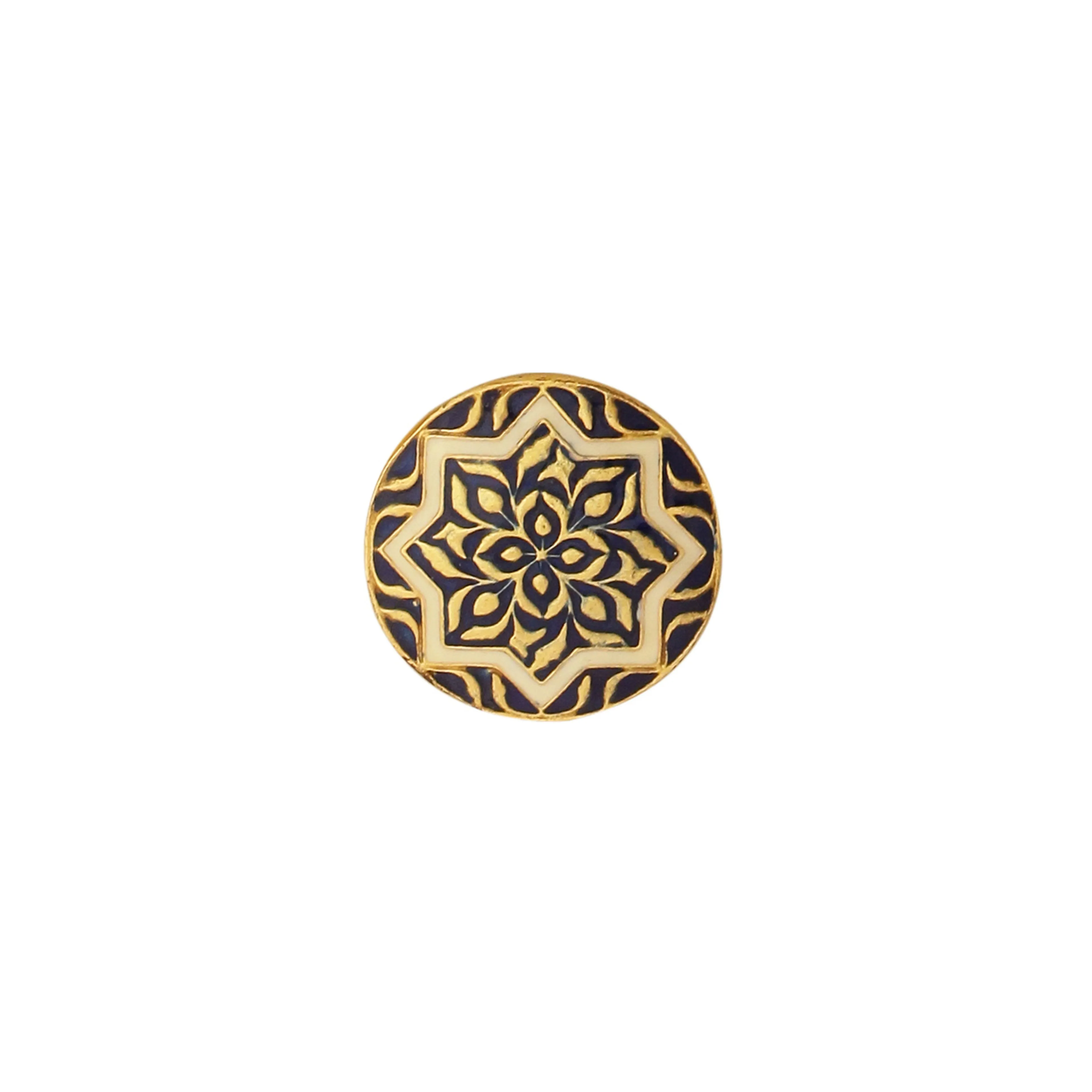 Gold & Enamel Button - Turkish Flower - Navy & Off-White