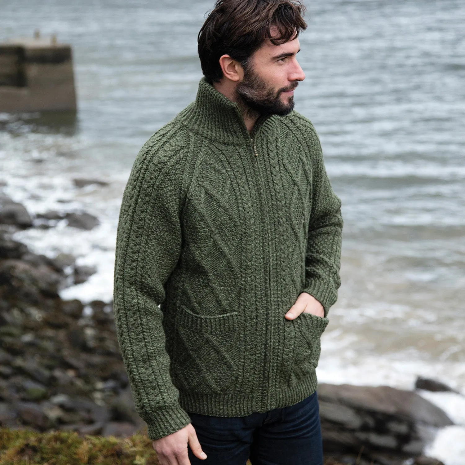 Green Unisex Hand Knit Aran Cardigan