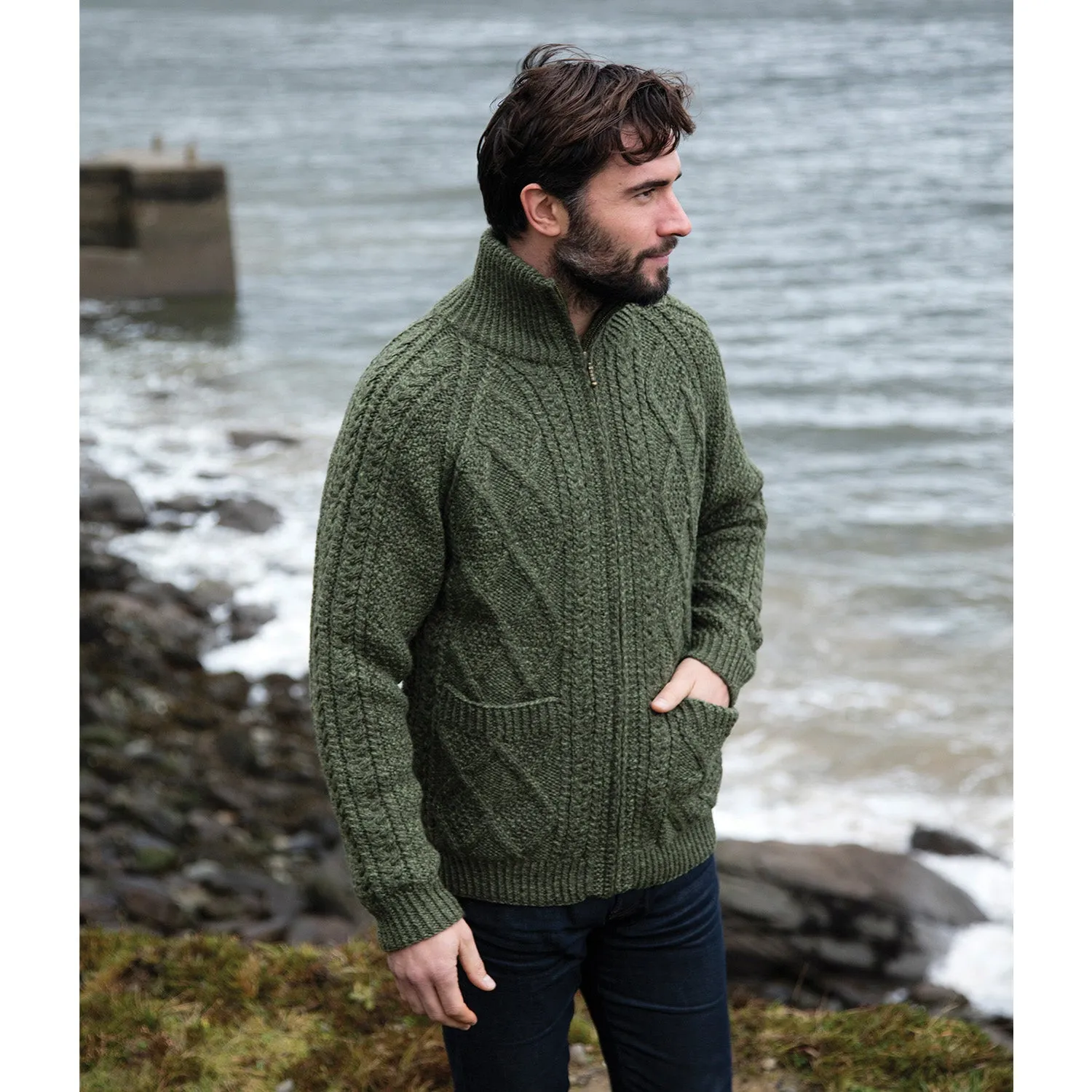 Green Unisex Hand Knit Aran Cardigan