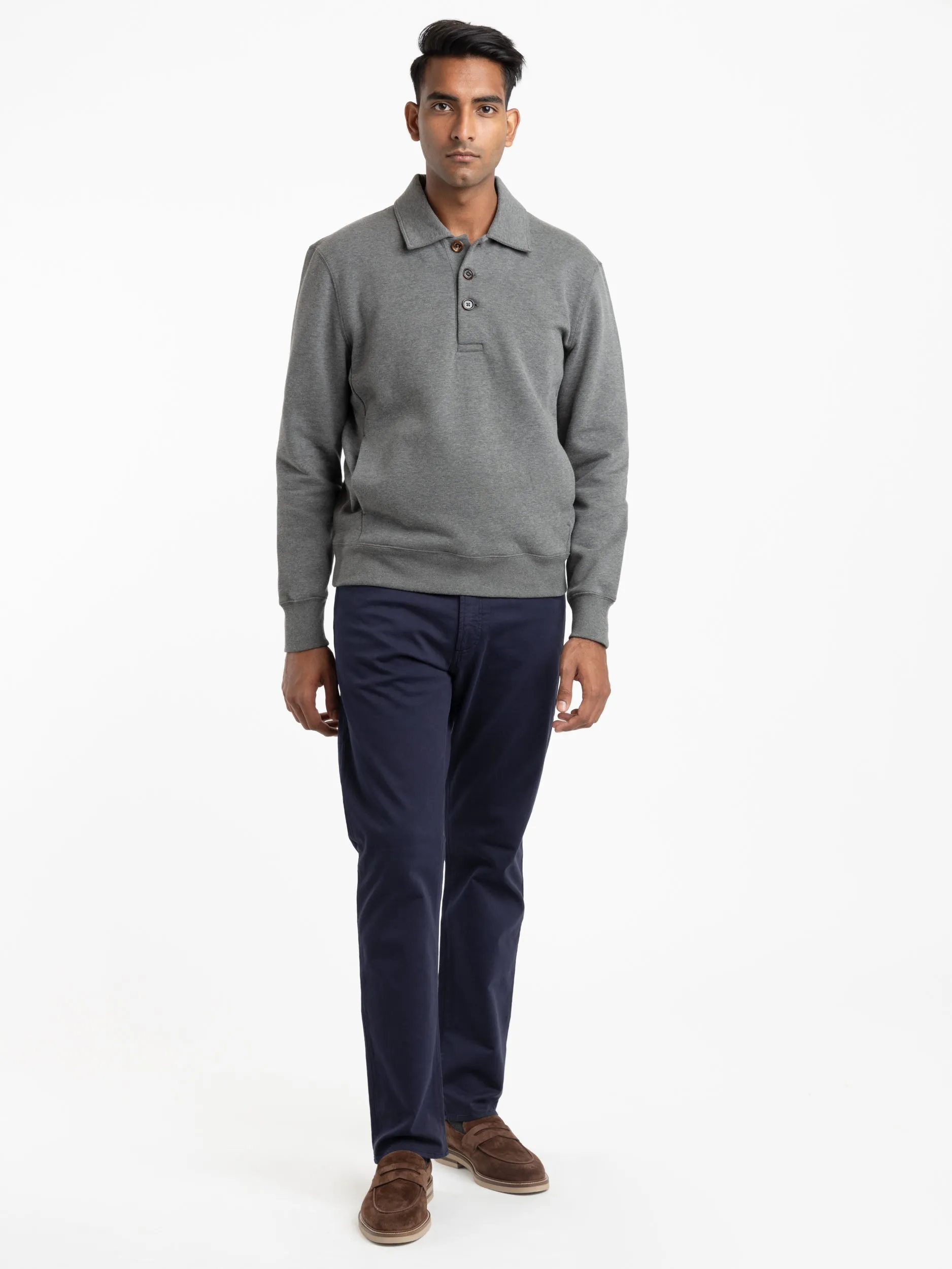 Grey Cotton-Blend Polo Sweater