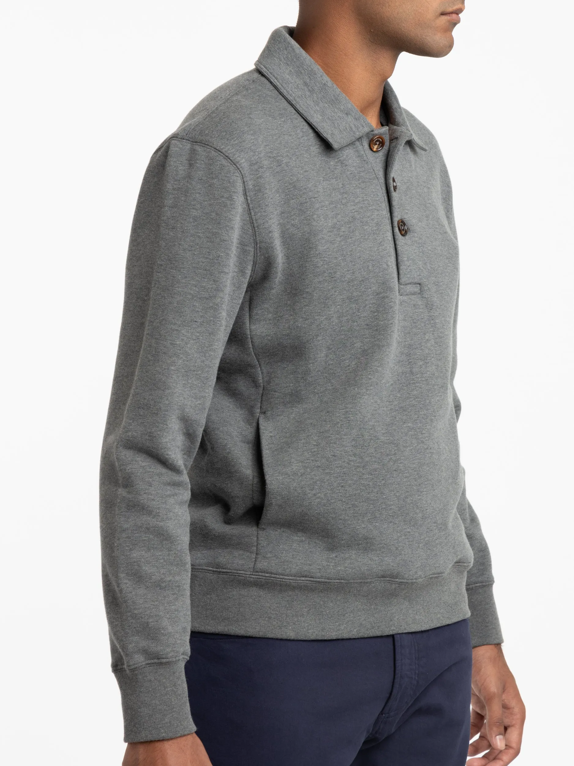 Grey Cotton-Blend Polo Sweater