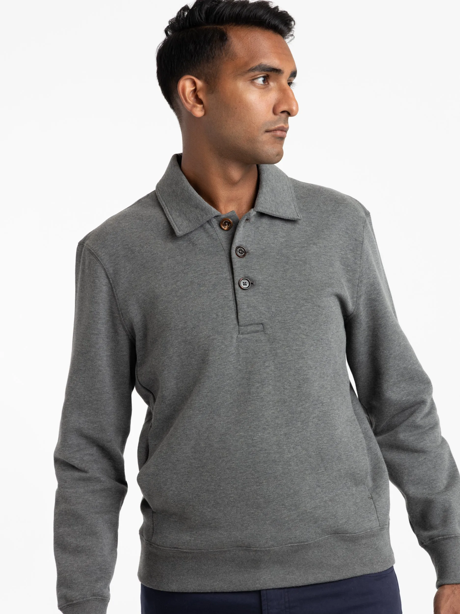 Grey Cotton-Blend Polo Sweater