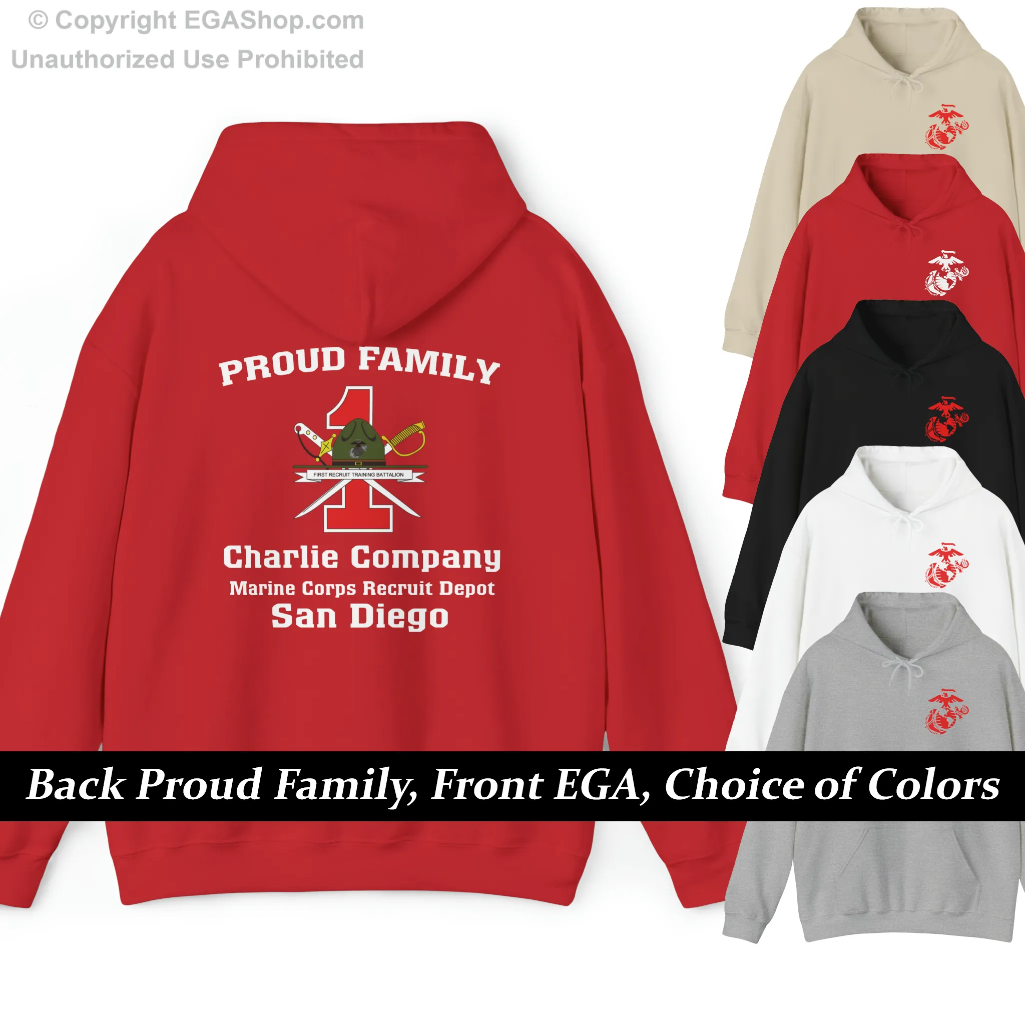 Hoodie: Charlie Co. MCRD San Diego (1st Battalion Crest on BACK)