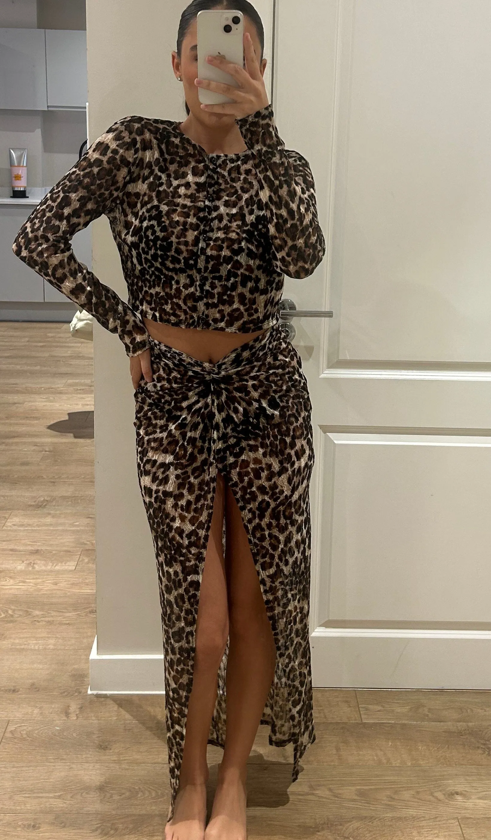 Leopard Mesh Cardigan and Twist Maxi Split Skirt